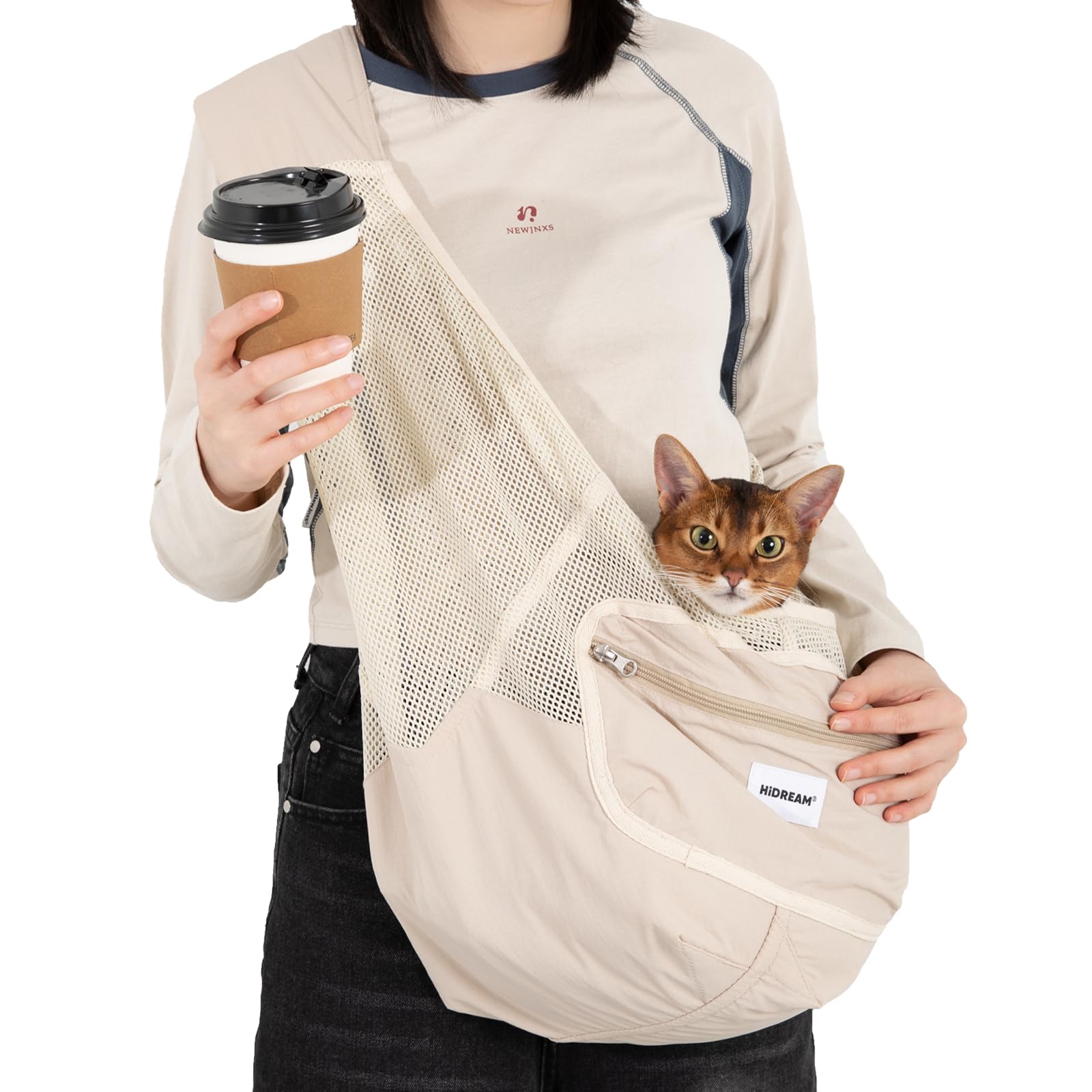 Bolsa bandolera para perro, transportador de mascotas de malla transpirable ligera para gatos y perros pequeños (hasta 7 kg), correa ajustable con bolsillo con cremallera (marrón)