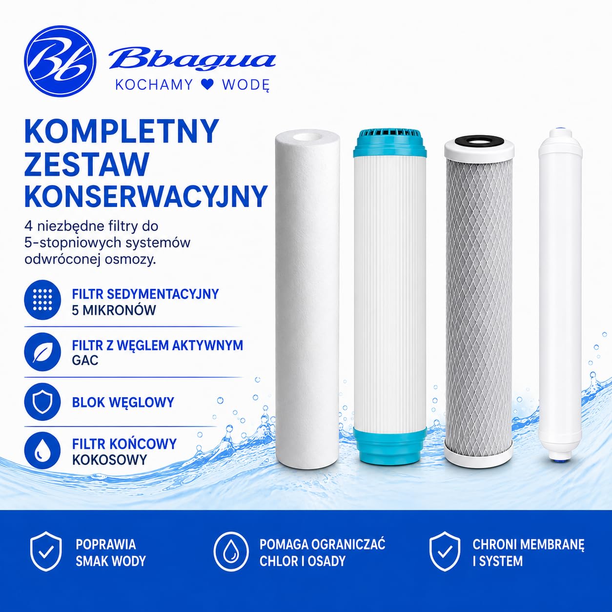 Zestaw 4 filtrów do wody do standardowego sprzętu do odwróconej osmozy. 1 osad, 1 węgiel GAC, 1 węgiel blokowy i 1 filtr końcowy z orzecha kokosowego. Wymieniaj raz w roku. Bbagua.