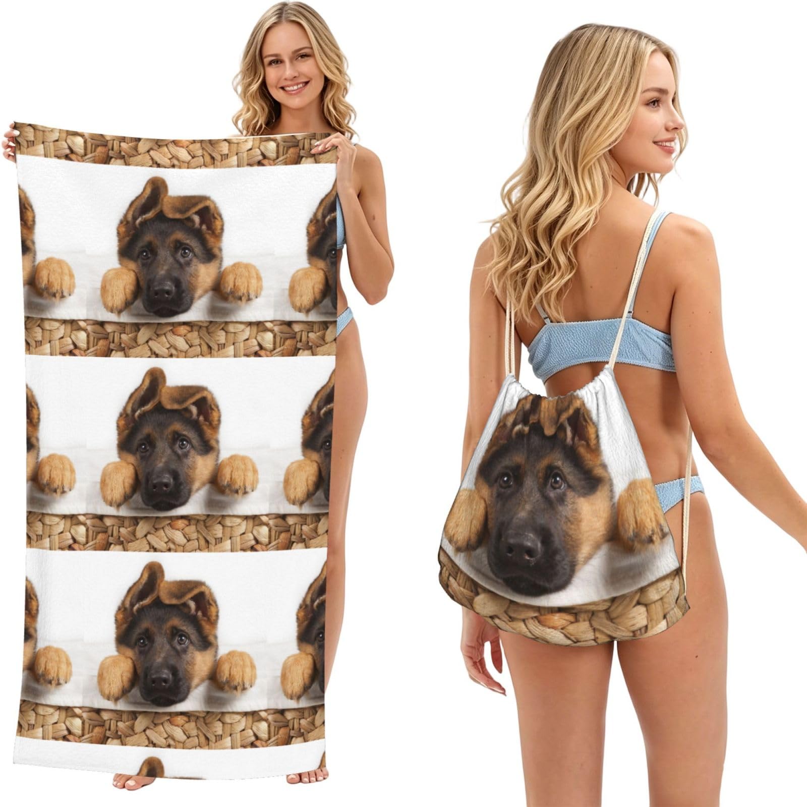 Poadnly As Picture German Shepherd Puppy Dog, 2 In 1 Packable Towel Bag, Beach Towels With Drawstring Backpack For Travel Holiday Camping