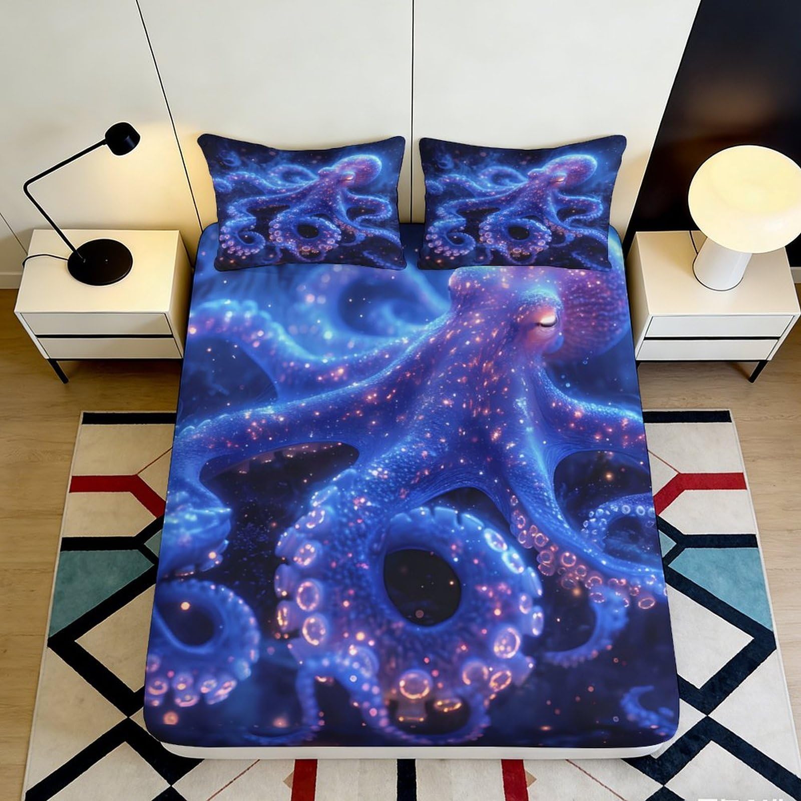 3D Printed Ocean Octopus Fitted Sheet Microfiber Deep Pocket Bedroom Bedding Octopus Mattress Fitted Cover Non-Slip Washable for Adults Teens 200x200x25cm 90x200x25cm