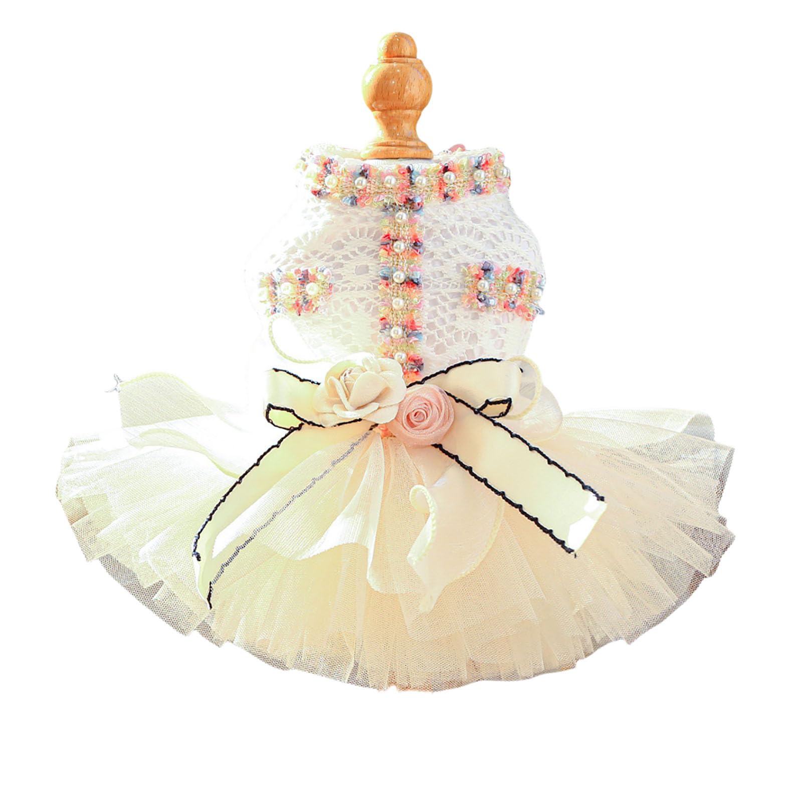 Dog Lace Tulle Dress Flower Bowknot Dresses for Small Dogs Girl Retro Ruffle Trim Princess Dress Puppy Birthday Clothes