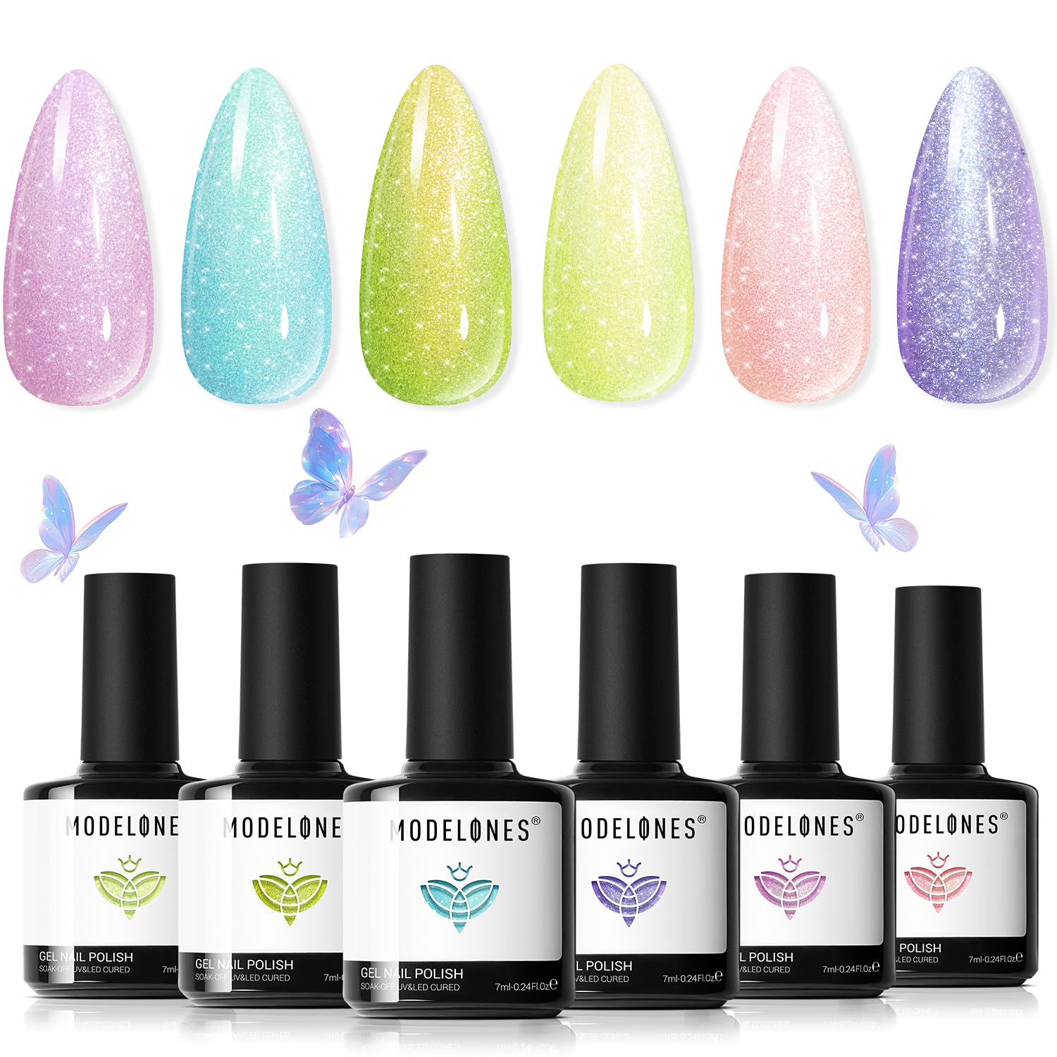 modelones Gel Nail Polish Set 6 Colors Pink Green Blue Purple Glitter Gel Nail Polish Pastel Galaxy Sparkle Shimmer Shades Soak Off UV Spring Summer Nail Art DIY Manicure At Home For Women Girl