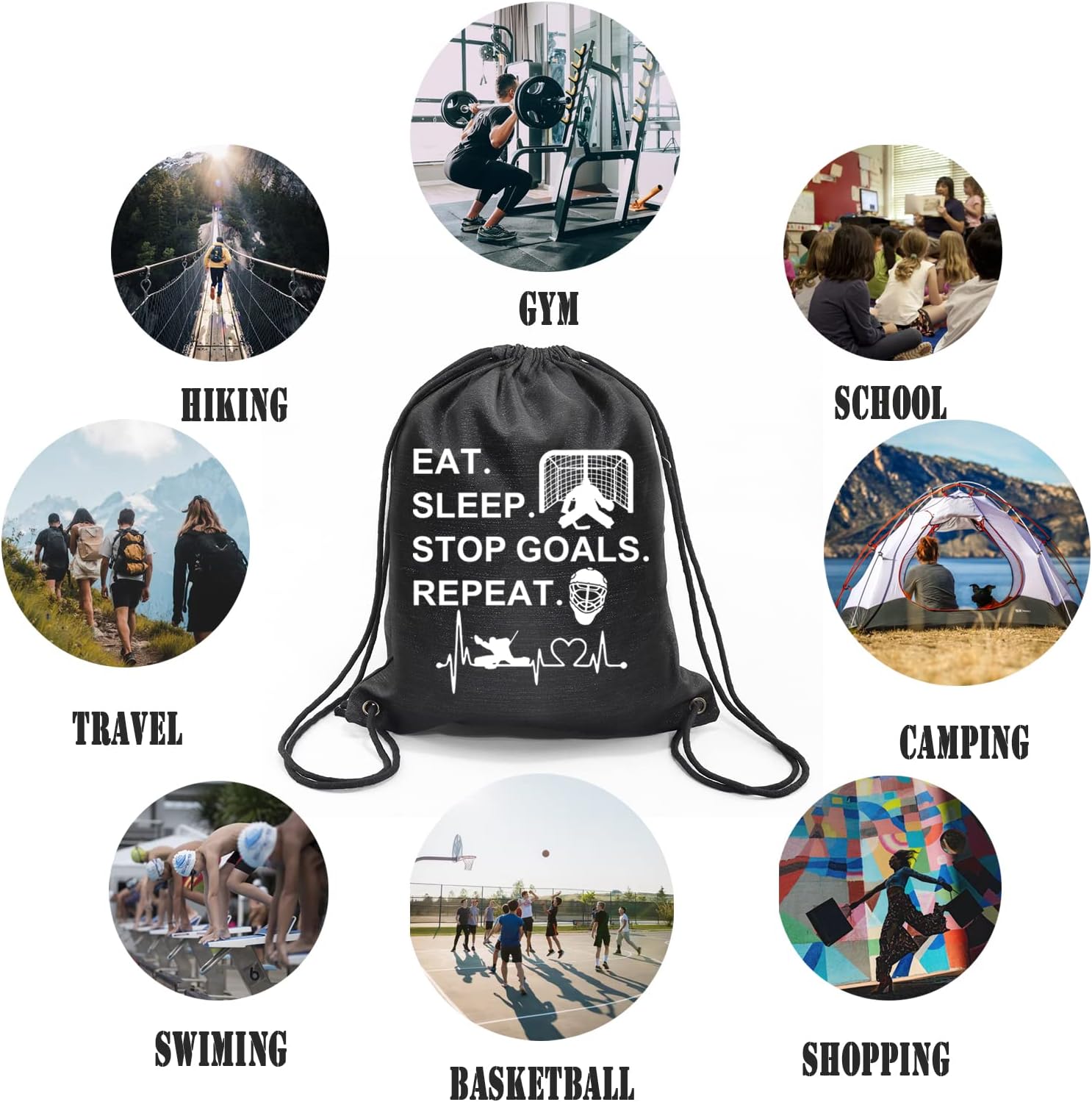 PXTIDY Hockey Bag Hockey Goalie Gift Eat Sleep Stop Goals Repeat Drawstring Backpack Hockey Sport Sackpack - Image 7