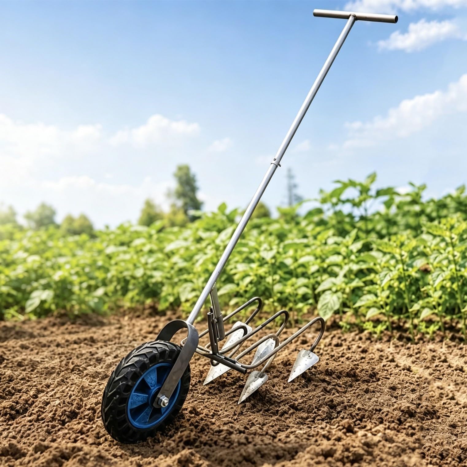 Aratro manuale a spinta con ruote, fresa fissa in acciaio al manganese, attrezzo da giardino per la lavorazione del terreno, ideale per orti, serre e frutteti(5-tine)