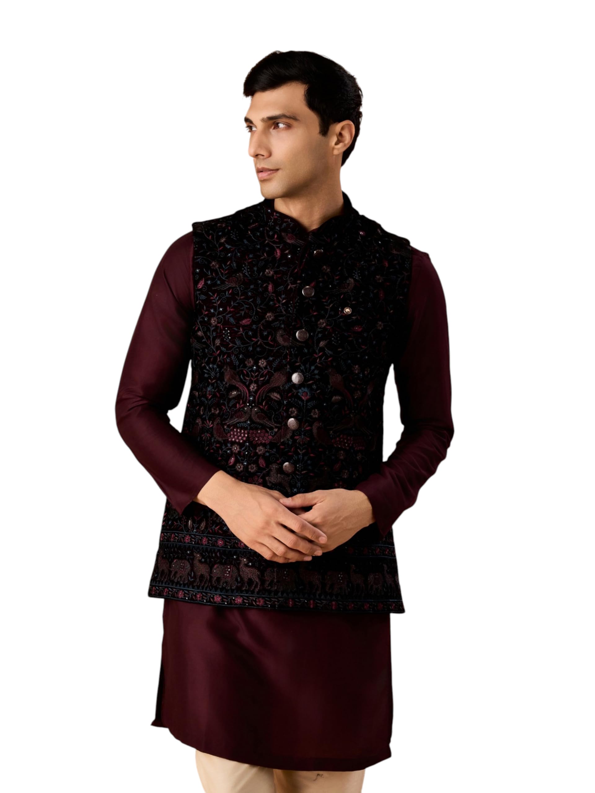 manyavar Men's Velvet Embroidered & Sequinned Traditional Nehru Jacket (1pc)-picture-28