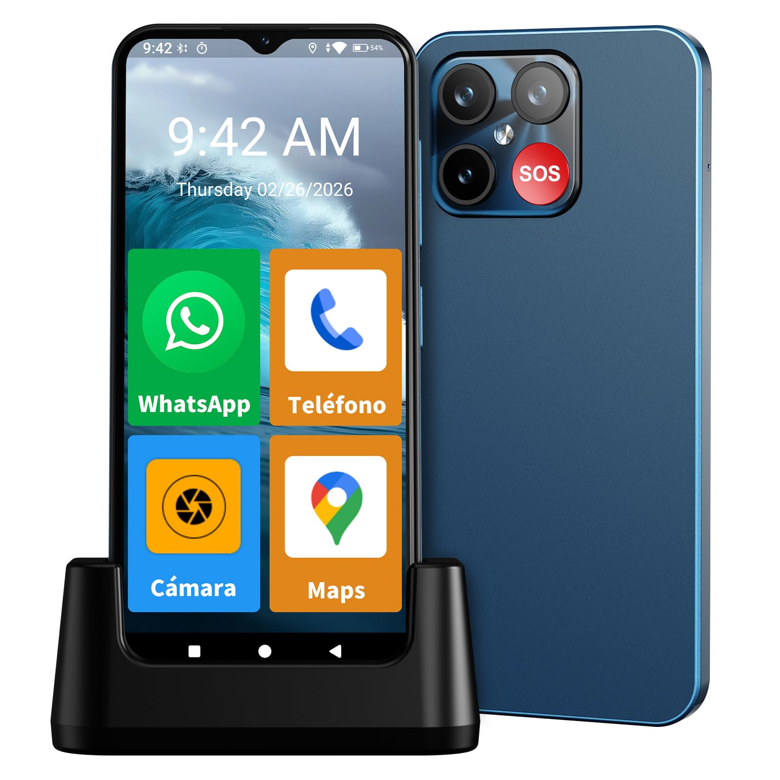 uleway Teléfono Móvil para Personas Mayores 4G, Iconos Extragrandes, Azul | Modo Senior, Doble SIM, GPS, 4+64 GB, Android 15, Pantalla HD de 6,6", Batería 4000 mAh con Base, Botón SOS