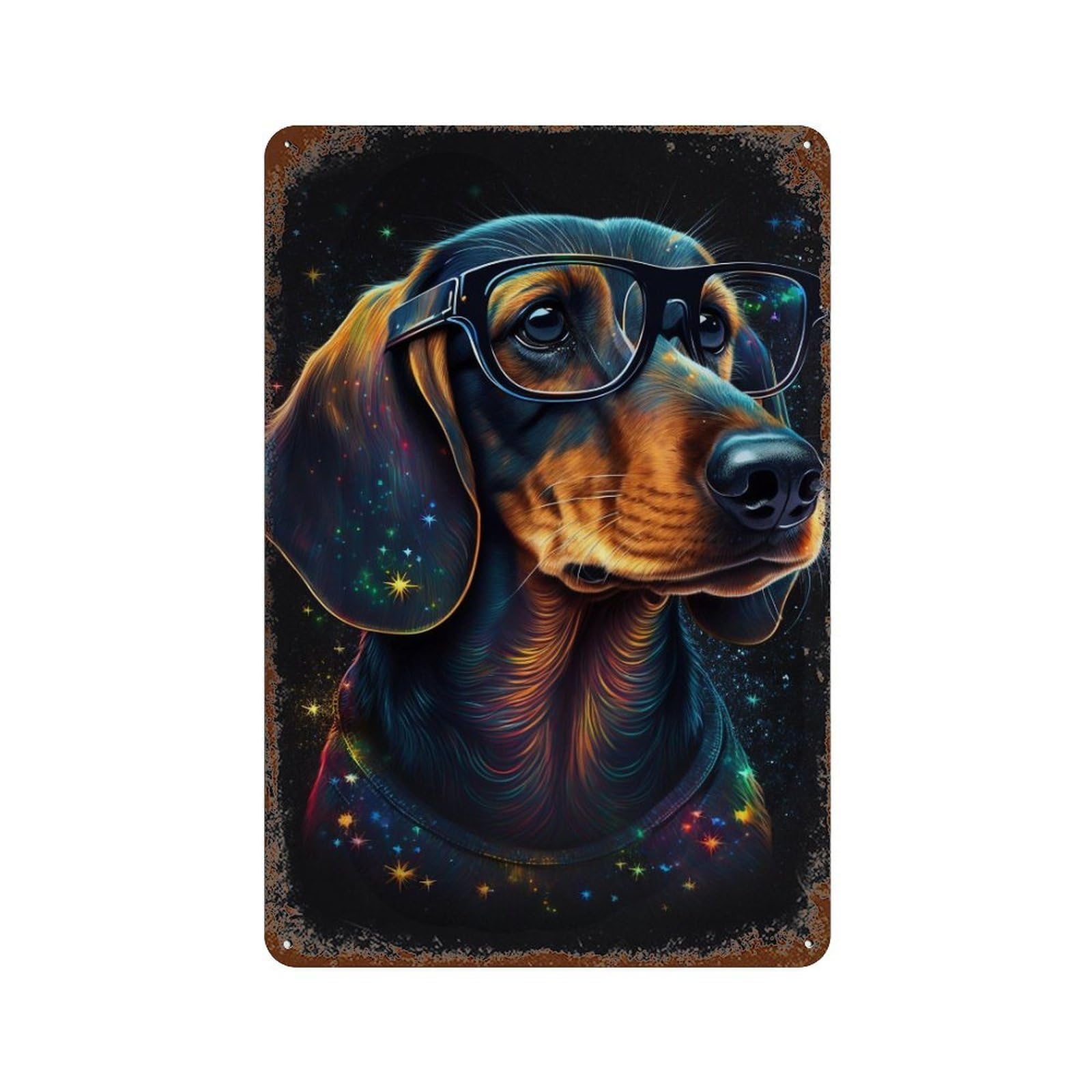 Decorative Tin Sign with Galactic Dachshund Glasses Art Print Design 11.8"x7.9", for Basement, Hobby Room And Garage Decor, Farmhouse Wall Decor