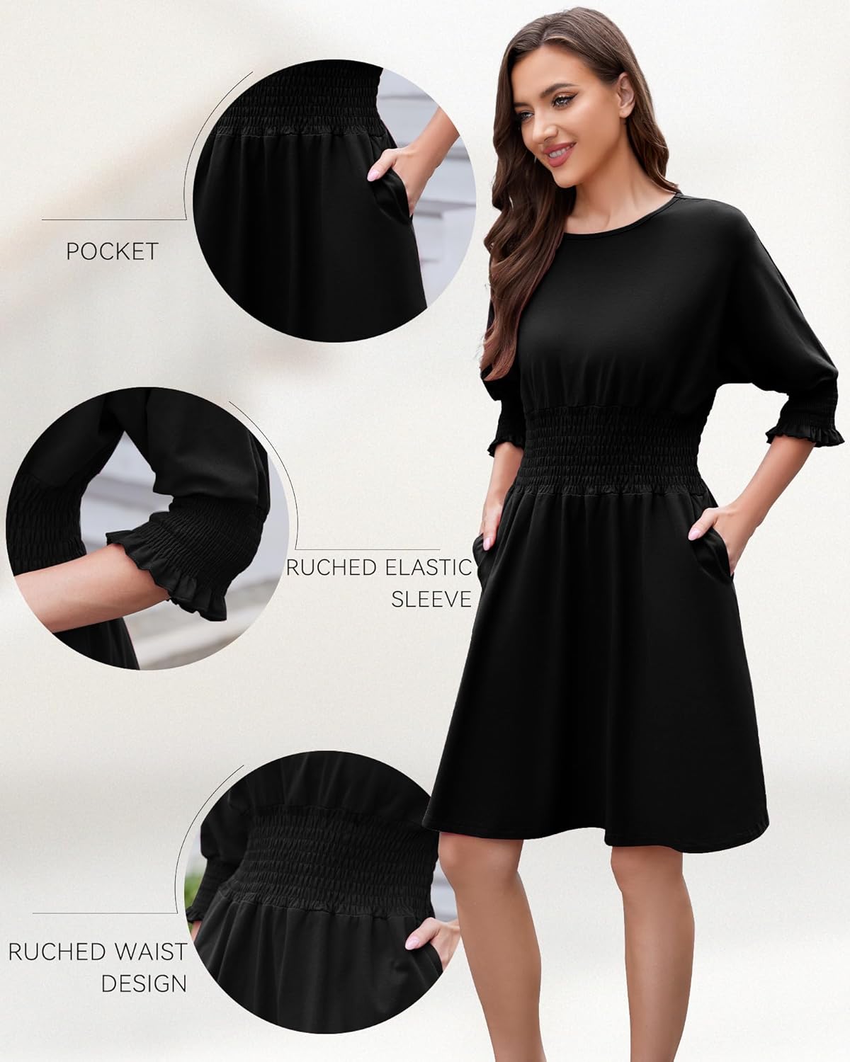 Summer Dresses for Women 2025 Casual 3/4 Sleeve Smocked Dress Crew Neck Elastic Waist A-Line Knee Length with Pocket - Image 5