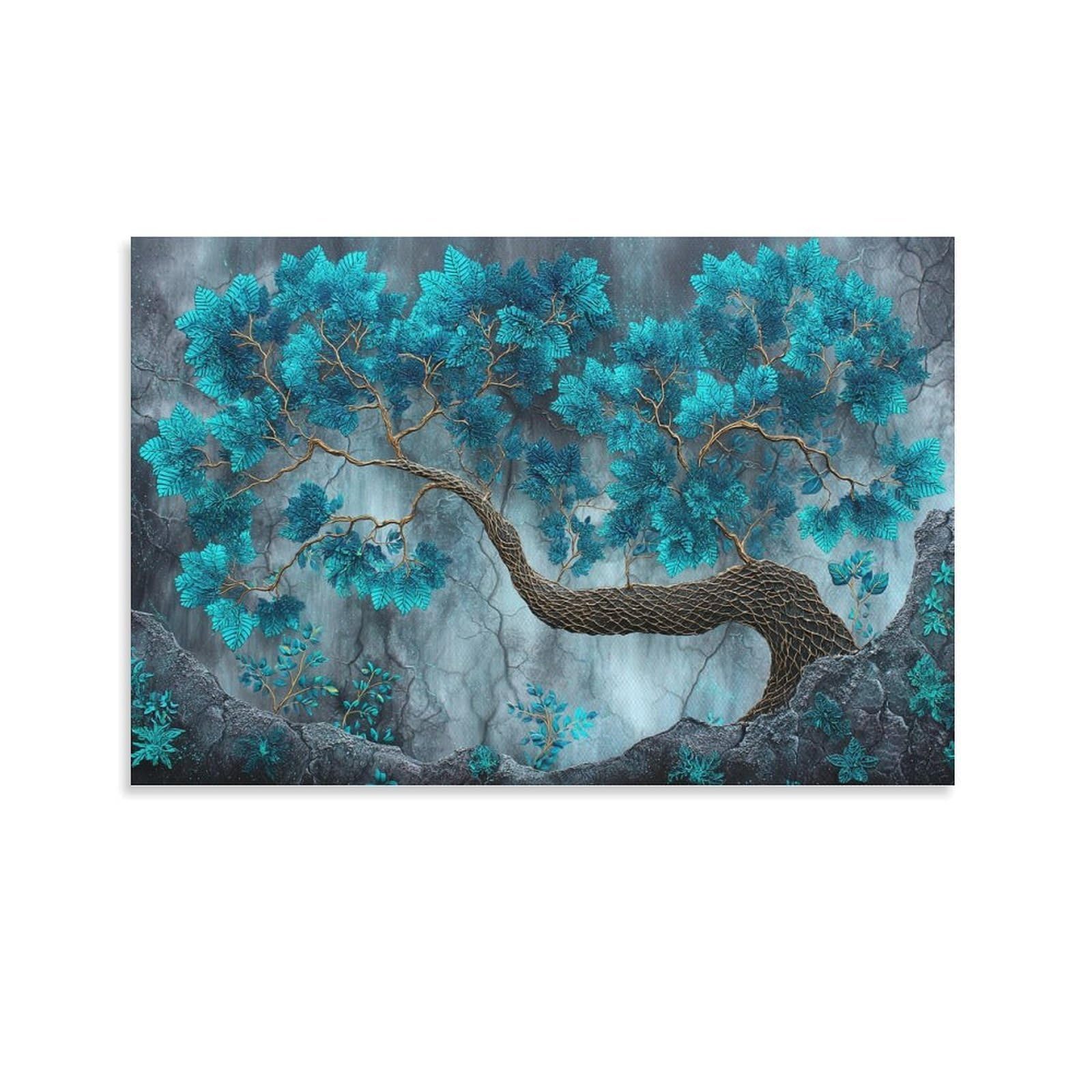 Euumkoo Unframed Teal Abstract Tree Canvas Wall Art, Plant Rocks Landscape Picture Painting On Canvas, Print Poster Decoration Artwork For Home Living Room Bedroom Wall Decor Unframe 24X36inch(60X90cm)