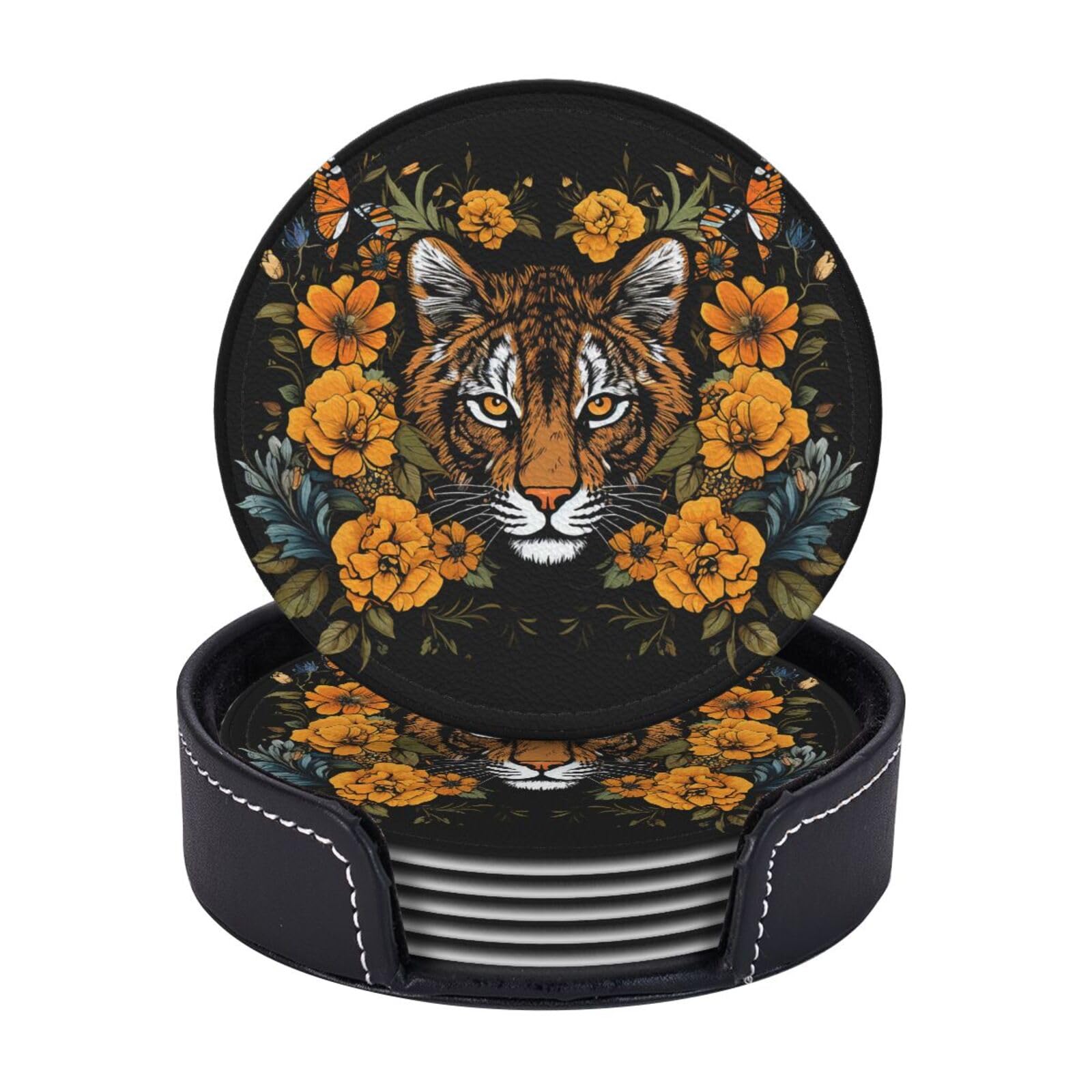 Drink Coasters Set of 6 Coffee Leather Coaster with Holder Tiger and sunflower Coasters for Drinks Coffee Cup Mat Heat Resistant Tabletop Protection Coaster Desk Accessorie Home Decorative