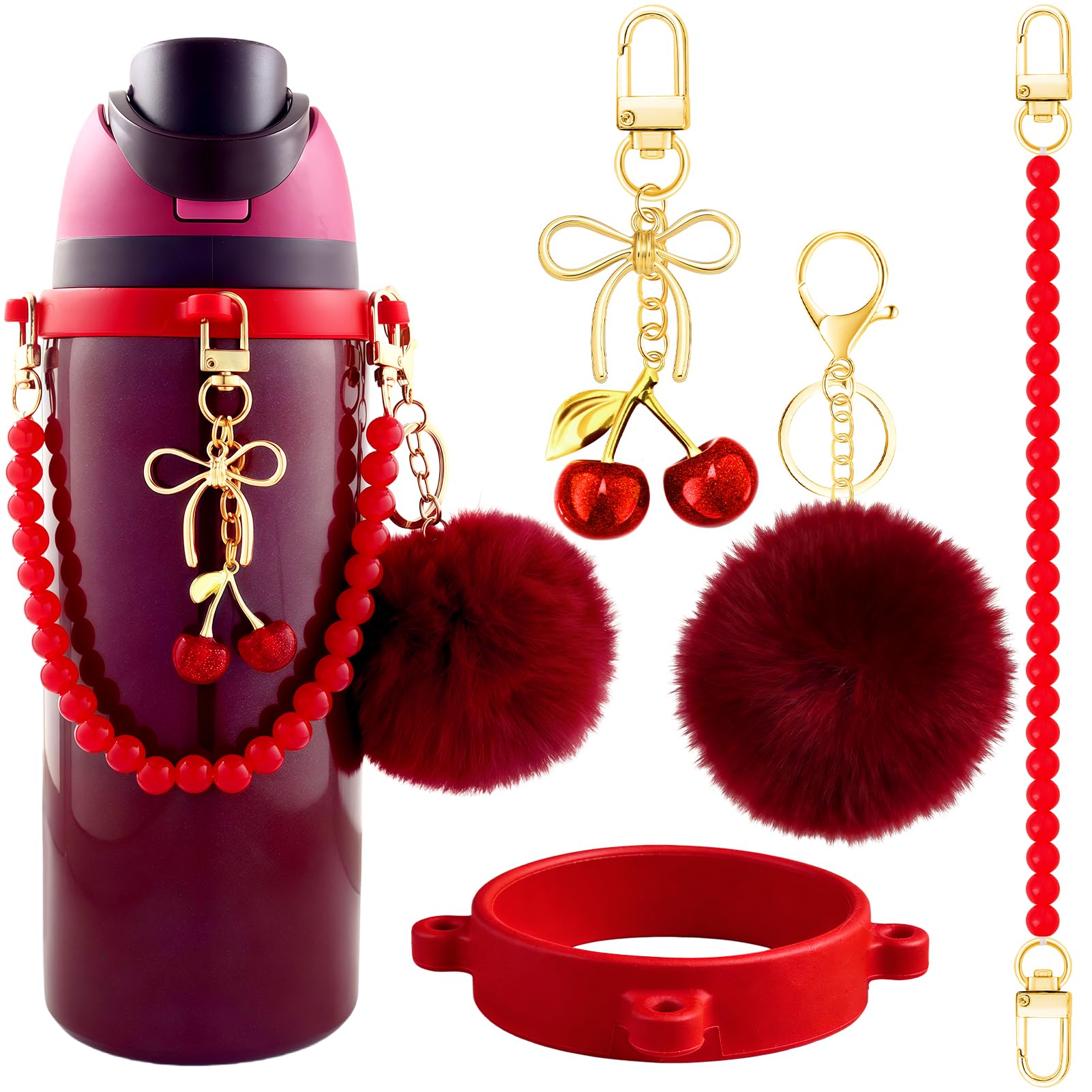 4Pcs Black Cherry Water Bottle Accessories for Owala Stanley Cup Accessories Set Water Bottle Handle Strap Decoration Cute Tumbler Cup Accessories Set for Women Water Bottle Holder with Strap Gold — image 1
