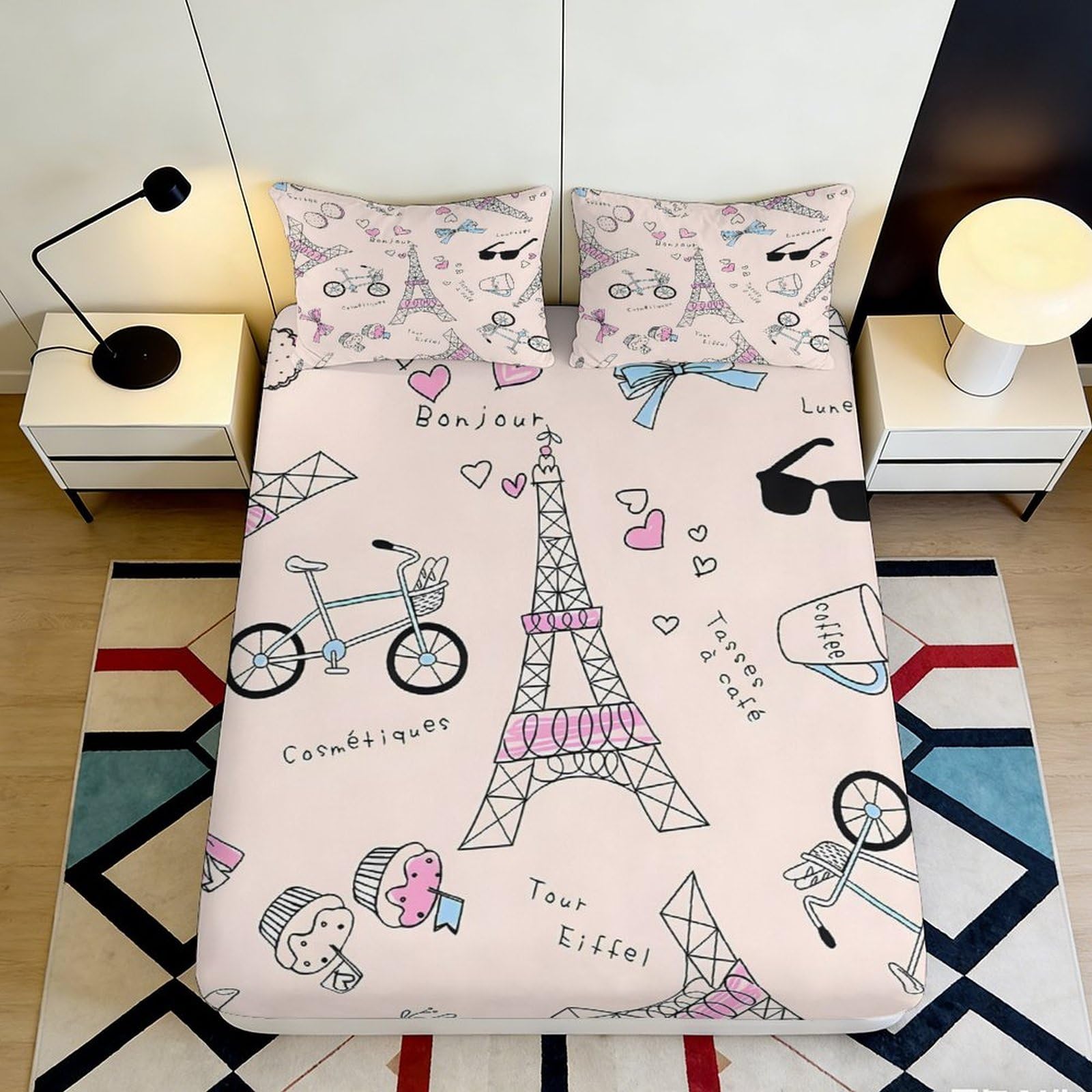 Pnayamiorkfel Style-8 3D Printed Paris Eiffel Tower Fitted Sheet Microfiber Pink Art Bicycle Bed Cover For Bedroom Guestroom Decor 90X200x25cm