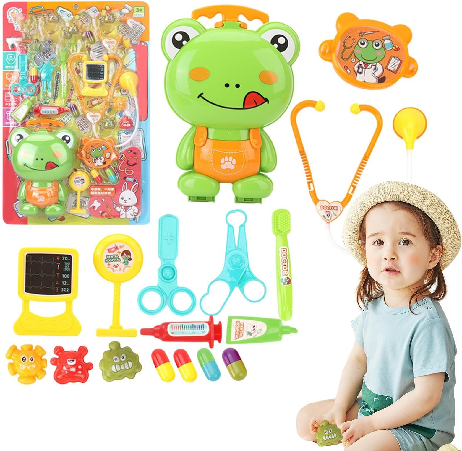 Childrens Doctors Play Set - Role Play Toys 17pcs Frog Dentist Toys,Doctor Set with Frog Trolley Case, Stethoscope, Scissors, Tweezers Toy, Doctor Play Set for Kids Gift Soptec
