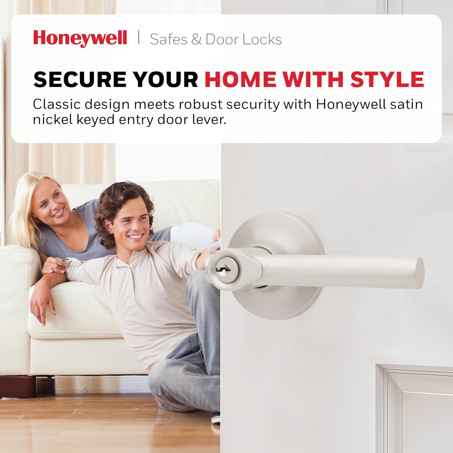 Honeywell Safes & Door Locks Interior Door Handle – Lever Door Handle with Reversible Design, Satin Nickel, Keyed Entry Function, Easy-to-Install Door Handles for Home & Office - 8108606