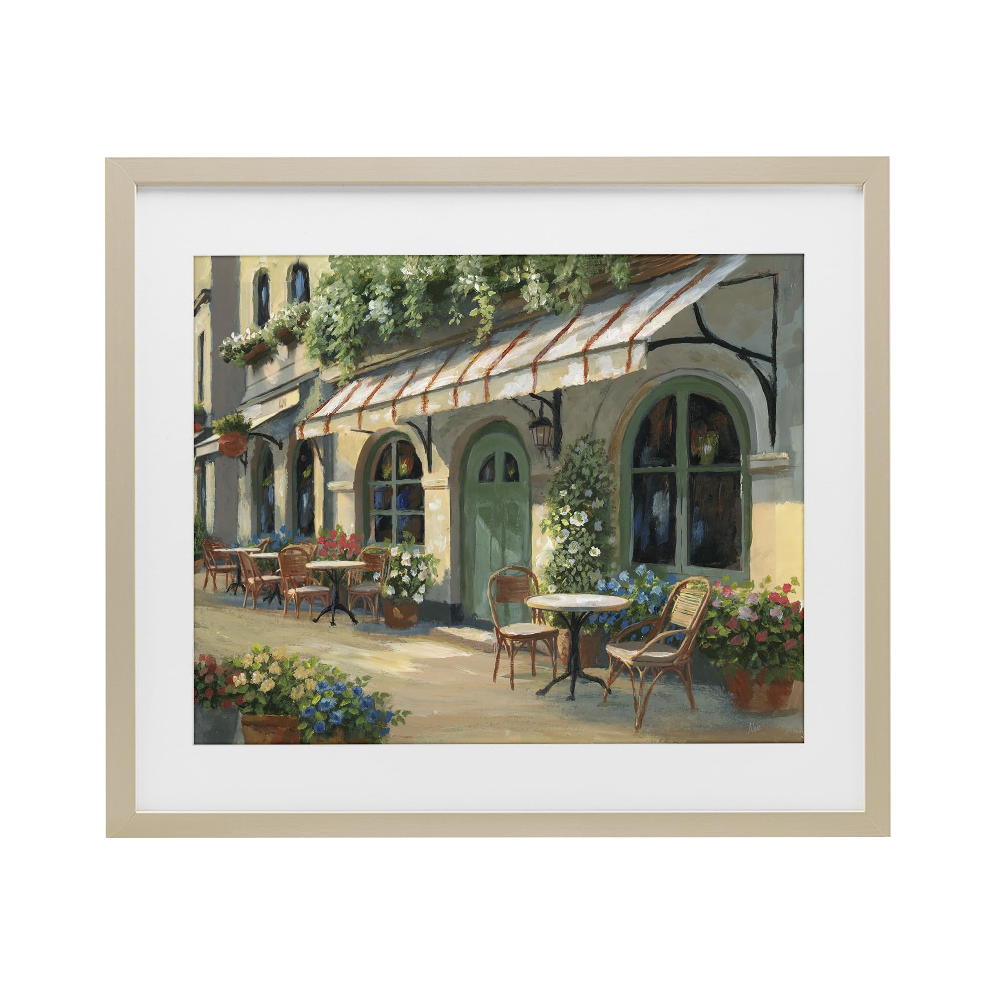 Stupell Industries 'Cozy Cafe Sunlit Patio', Framed Print Under Glass, Brown, 21 x 17 Inches, Easy to Hang and Sturdy, Made in USA, by Nan