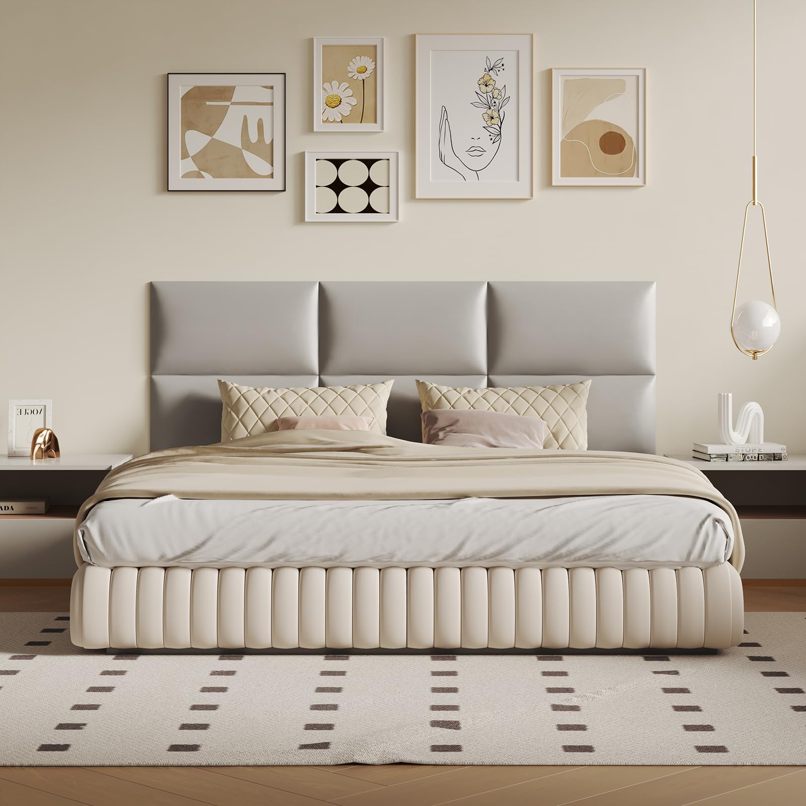 MAQQL Wall-Mounted Upholstered Headboard Panels, Light Gray Faux Leather, 24x12 Inches, Pack of 9 – DIY Adjustable Soundproof Padding for Queen and