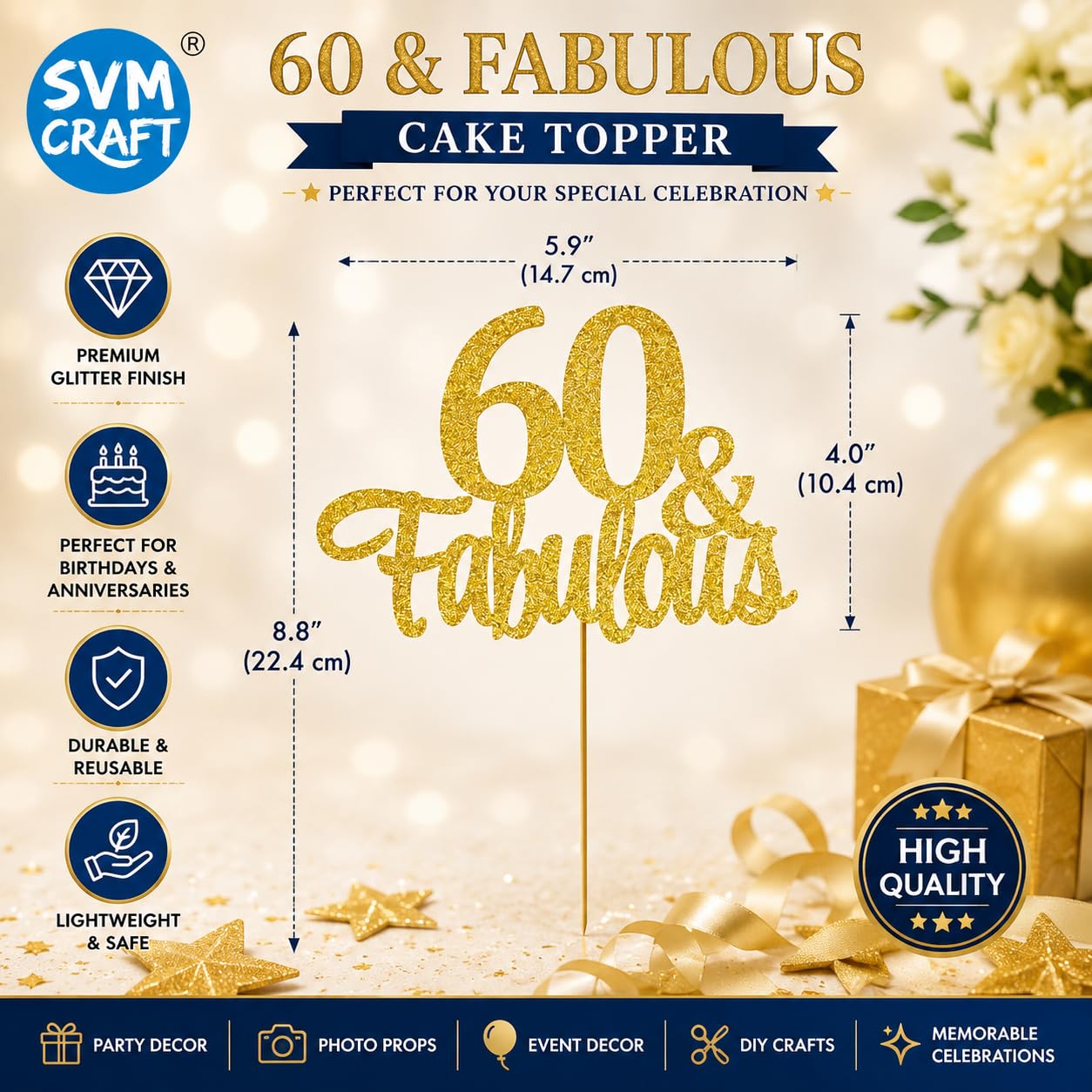 Gold Glitter 60th Birthday Cake Topper - "60 & Fabulous" -3