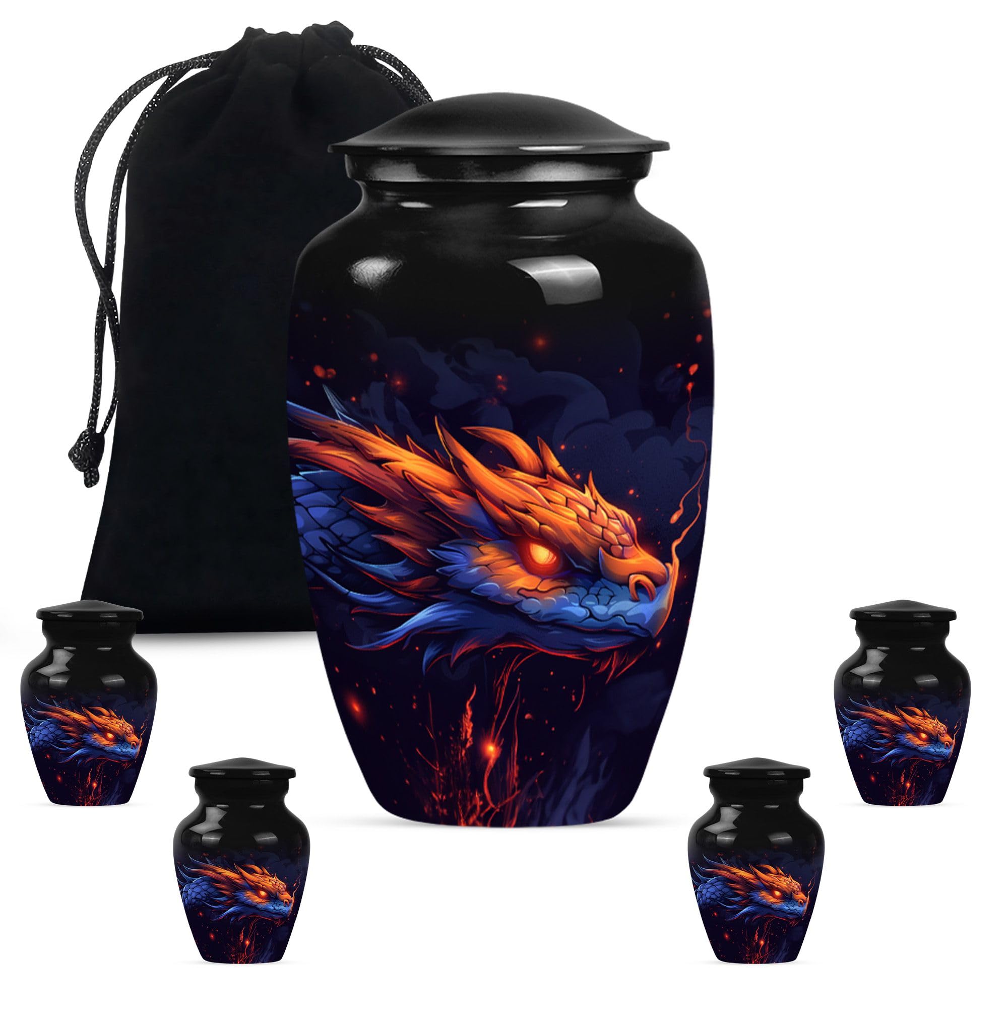 YATHABHISA Dragon Urn, Combo of 1 Large Urn with Velvet Bag and 4 Small - Cremation Urns for Adult Ashes Small Urns for Human Ashes Keepsake & Large Urn for Male & Female, Cremation Urns, Black