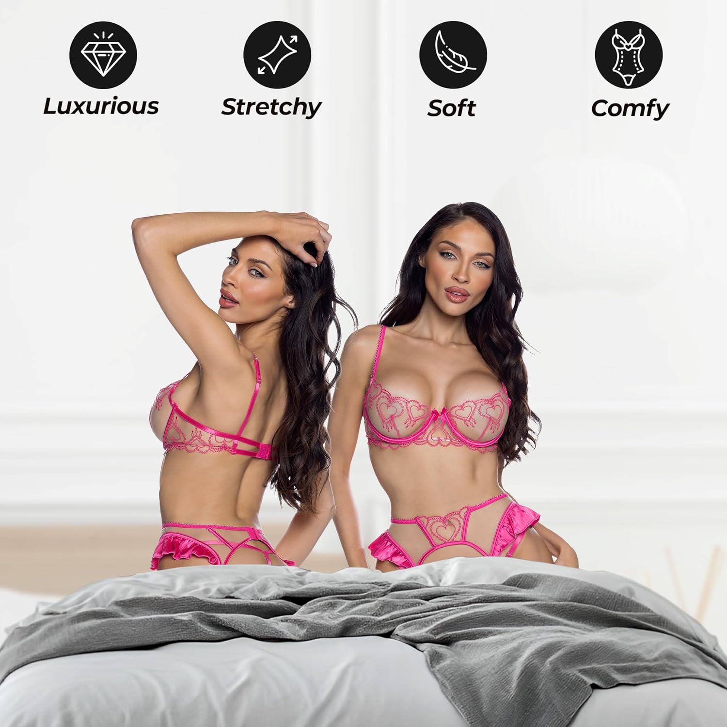 Sexy Garter Belt Lingerie Set, Roma Queen Of Heart Strappy 3 Piece Mesh & Lace Bra and Panties Lingerie Garter Set