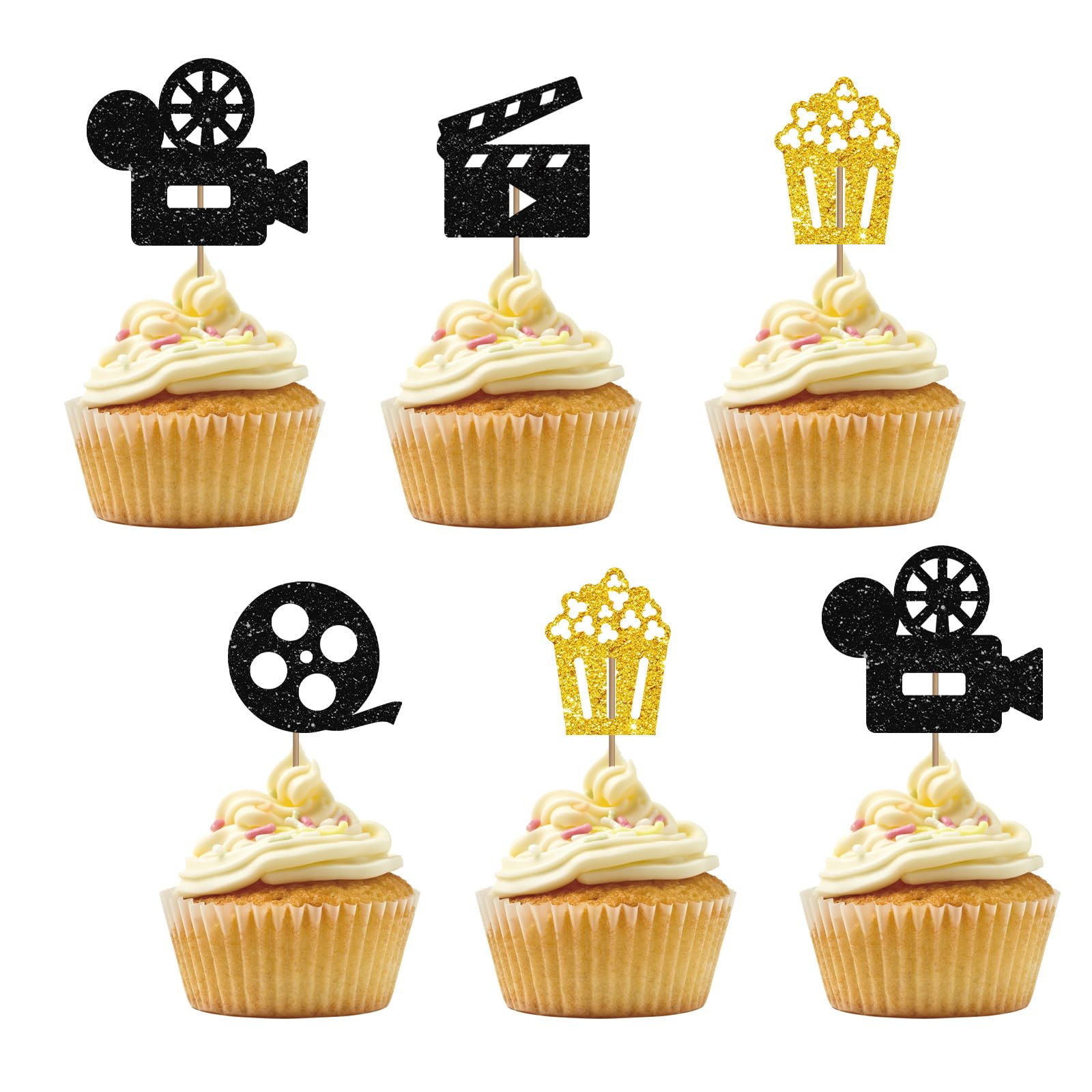 Set of 24 Movie Cupcake Toppers for Hollywood Theme Baby Shower, Black & Gold Glitter Theater Camera Popcorn Sign Cupcake Toppers, Cake Decorations for Movie Night Party Supplies