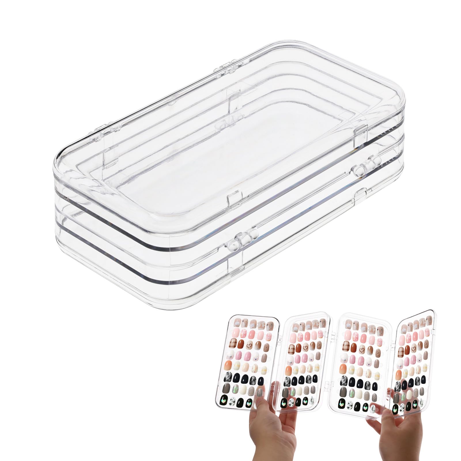 LELE LIFE Quad Fold Press On Nail Packaging Box, Foldable Clear Organizer Case with 6 Storage Sides