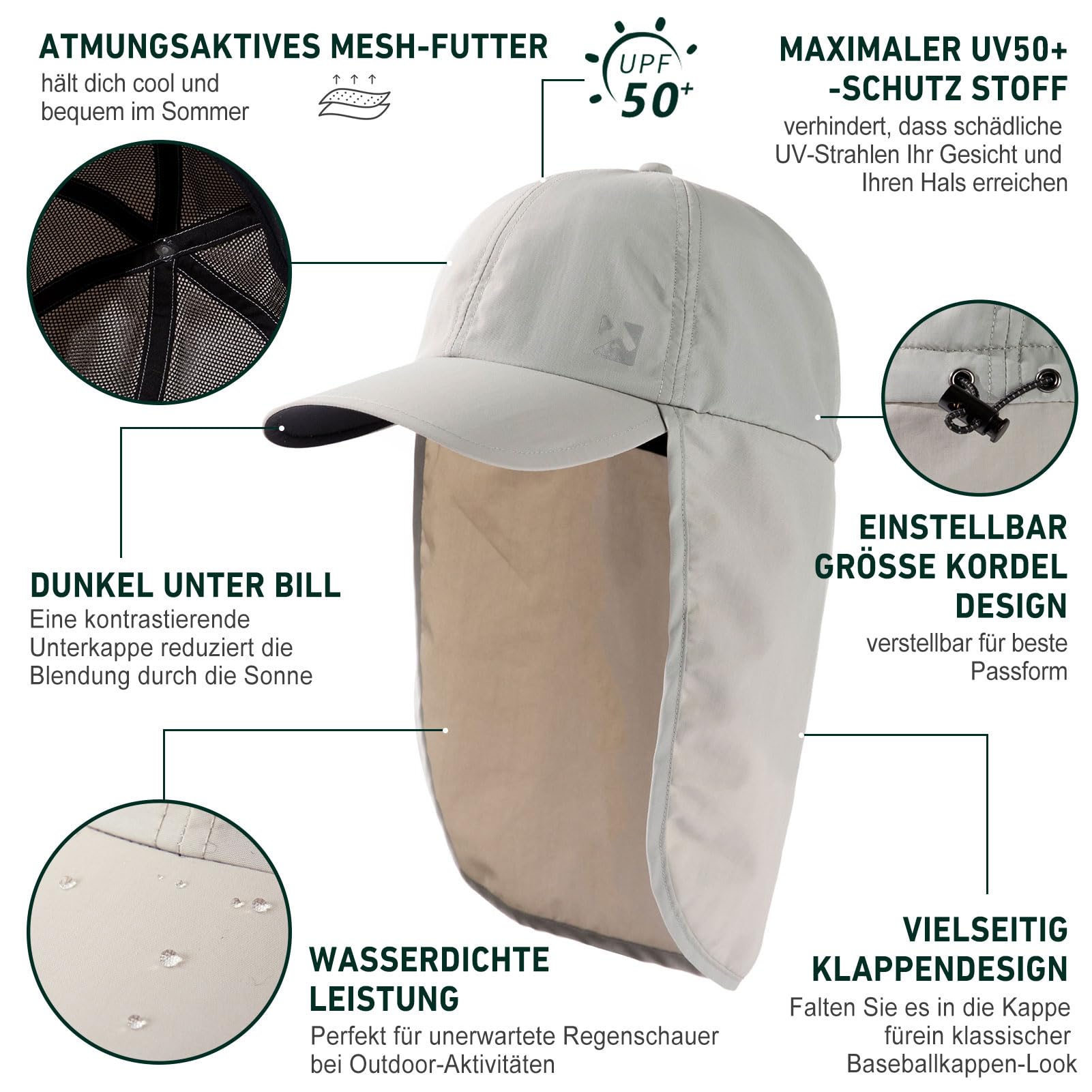 TOP-EX XL/XXL wasserdichte Baseball Cap Herren mit Nackenklappe UV-Schutz Sonnenhüte Damen, Faltbar Sommerhüte Safari Wandern Outdoor-Hut Atmungsaktiv Verstellbar