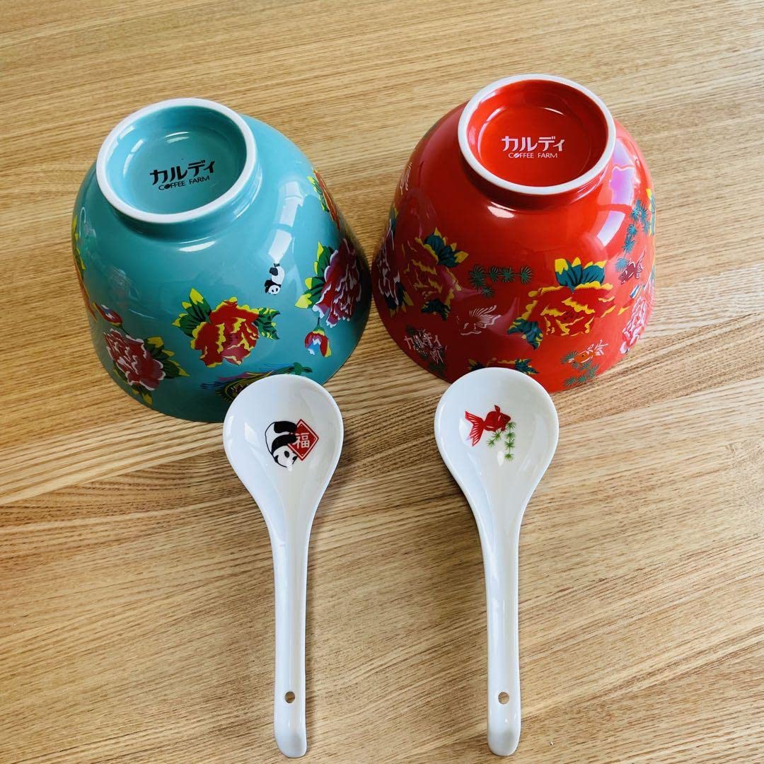 Amazon.co.jp: カルディ(KALDI)台湾 碗匙組 どんぶり 花柄＆パンダ客花