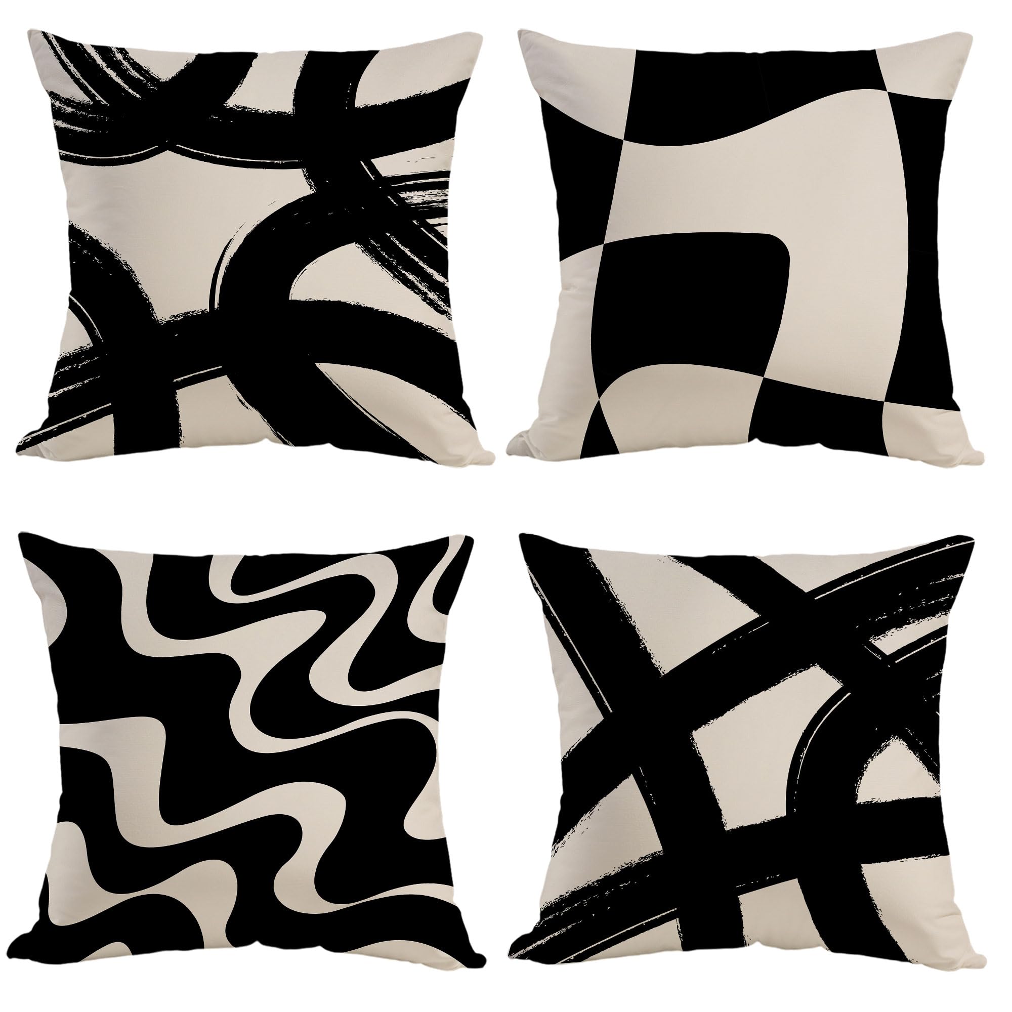 Black White Modern Throw Pillow Covers,Neutral Abstract Art Pillow Case,Decorative Pillow Covers for Bedroom Living Room,Abstract Art Pillow Cover Home Decor,Set of 4 (Black & Brown, 18x18inches)