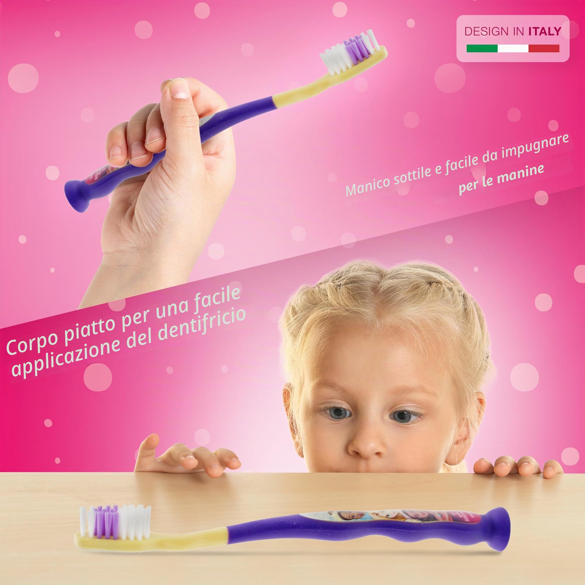 Spazzolino da denti Princess con tappo di protezione, ventosa, manico comodo e setole morbide per bambini