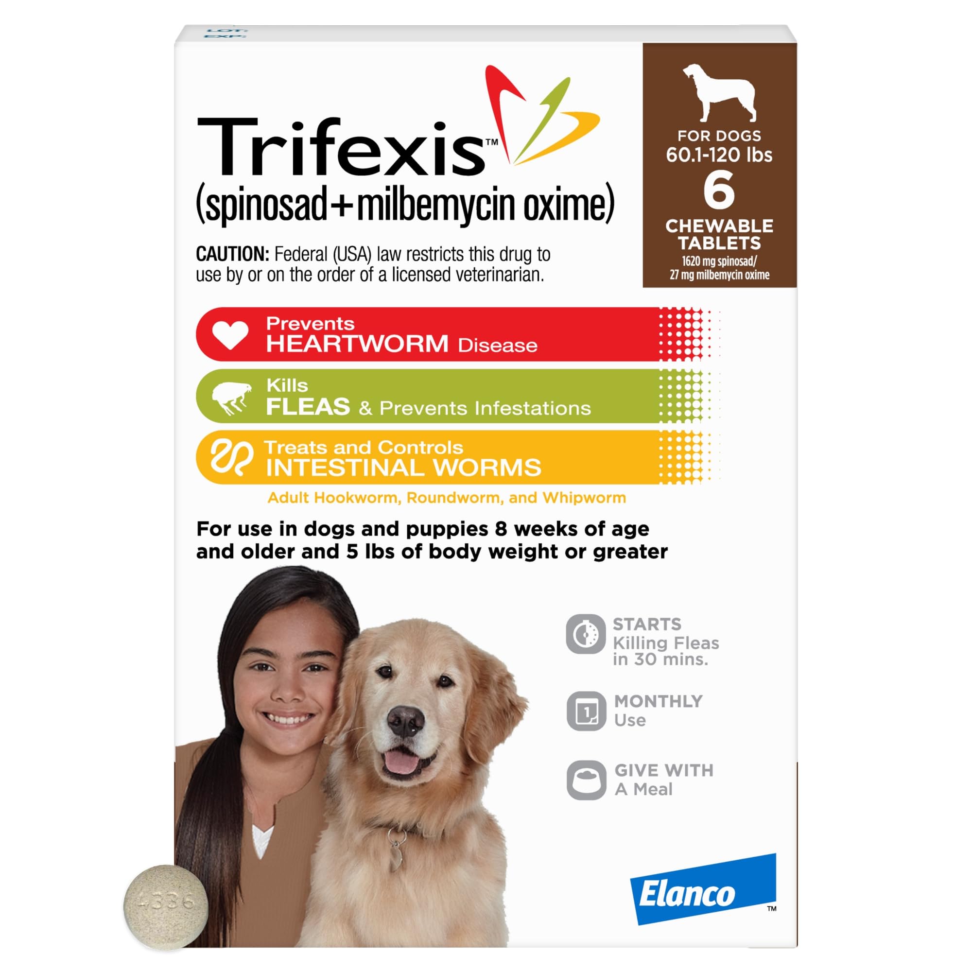 Trifexis Heartworm Prevention | Treats & Controls Flea Infestations + 4 Other Worms | Dogs 60.1-120 lbs. | 6 Chewables