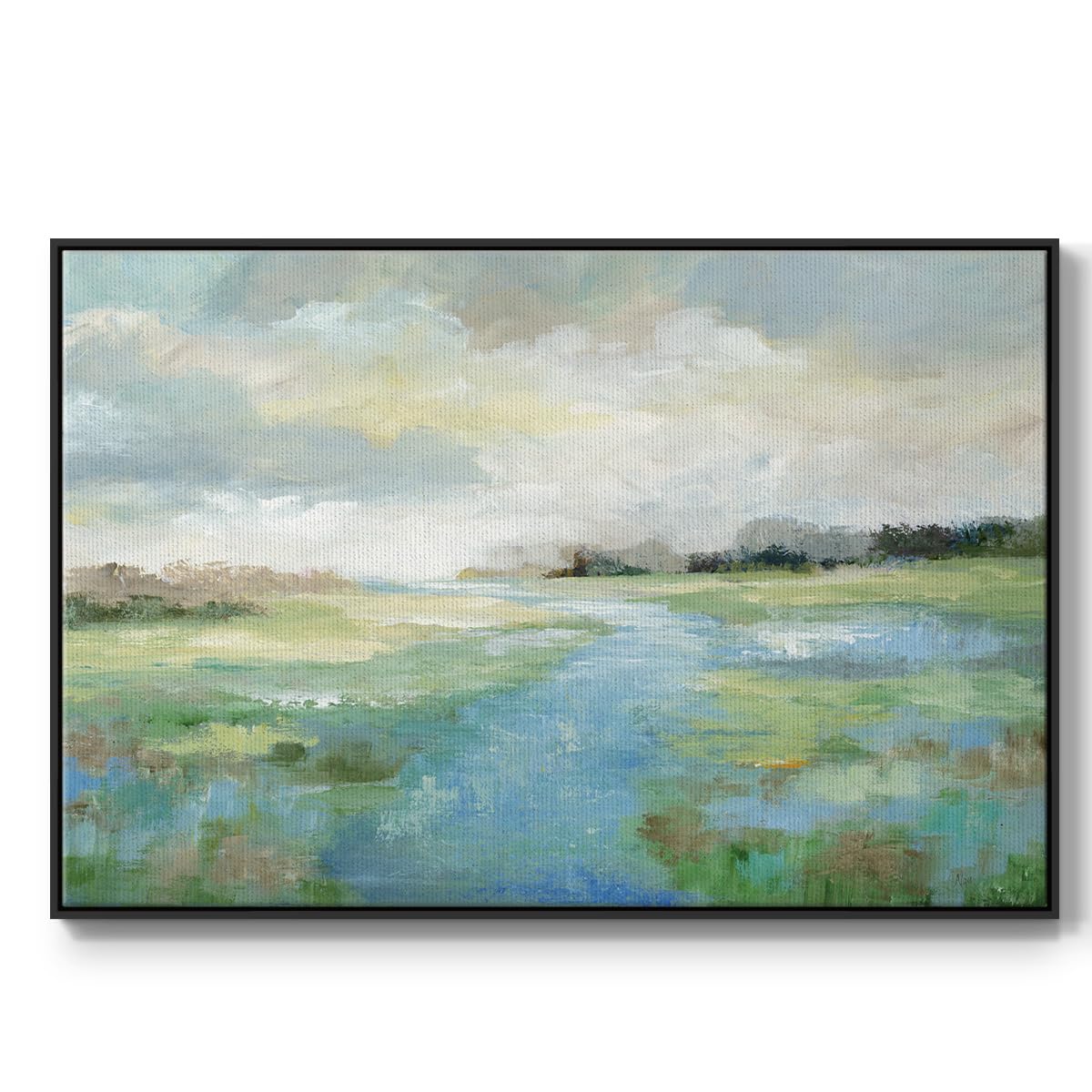 Renditions Gallery Floater Framed Wall Art for Home Winding Stream Coastal Wall Hanging Canvas Paintings for Office Bedroom Kitchen - 25"X37" Black