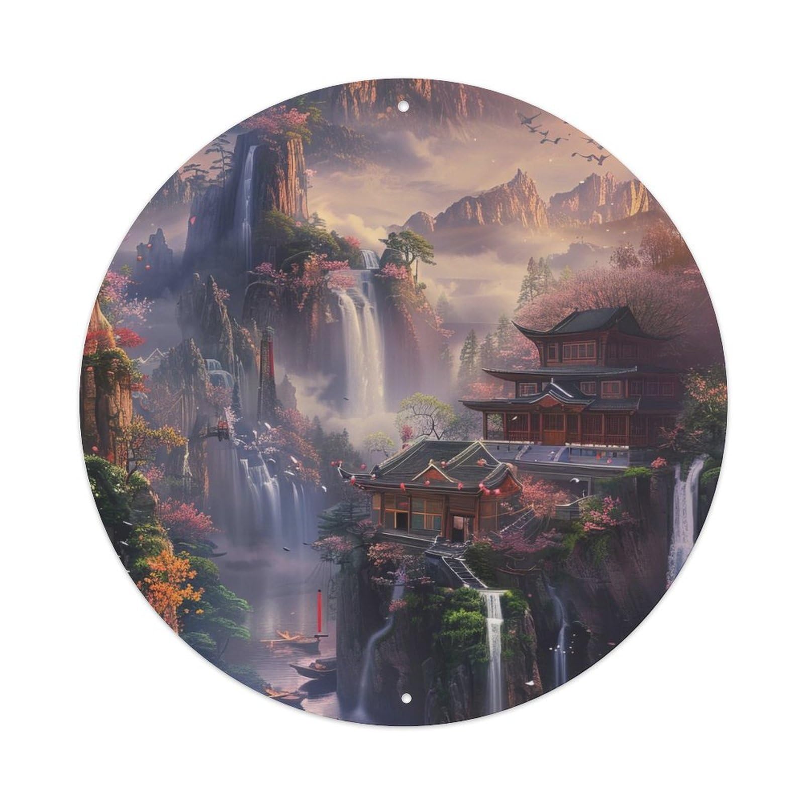 Waterfall Ancient Red Roofed Structure Beside Falls Vintage Metal Tin Sign