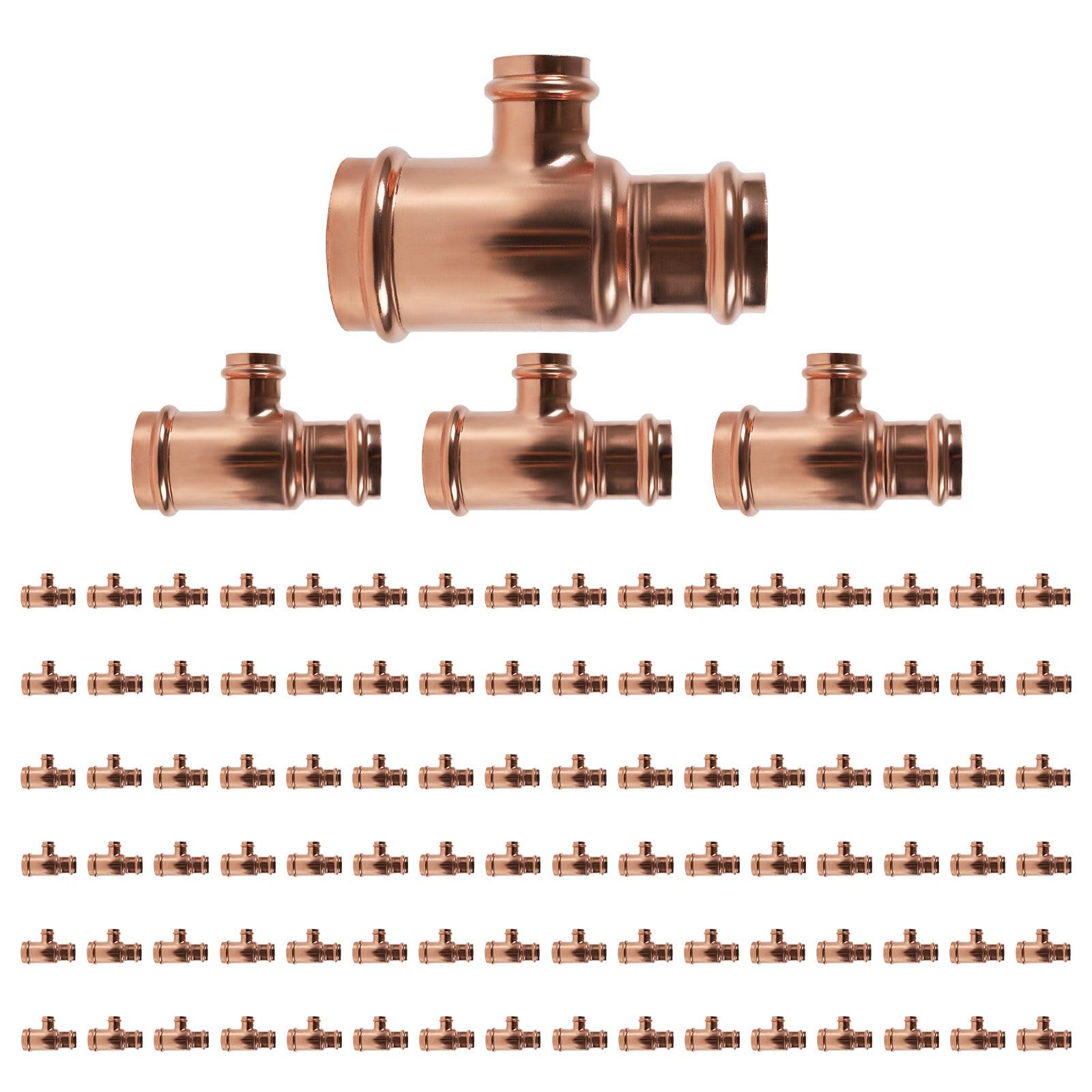 Paquete de 100 conectores en T reductores de cobre GUOFIS, 1-1/2" P x 1-1/4" P x 3/4", conector en T reductor de presión para plomería, derivación de transición de tamaño de tubería de tres vías