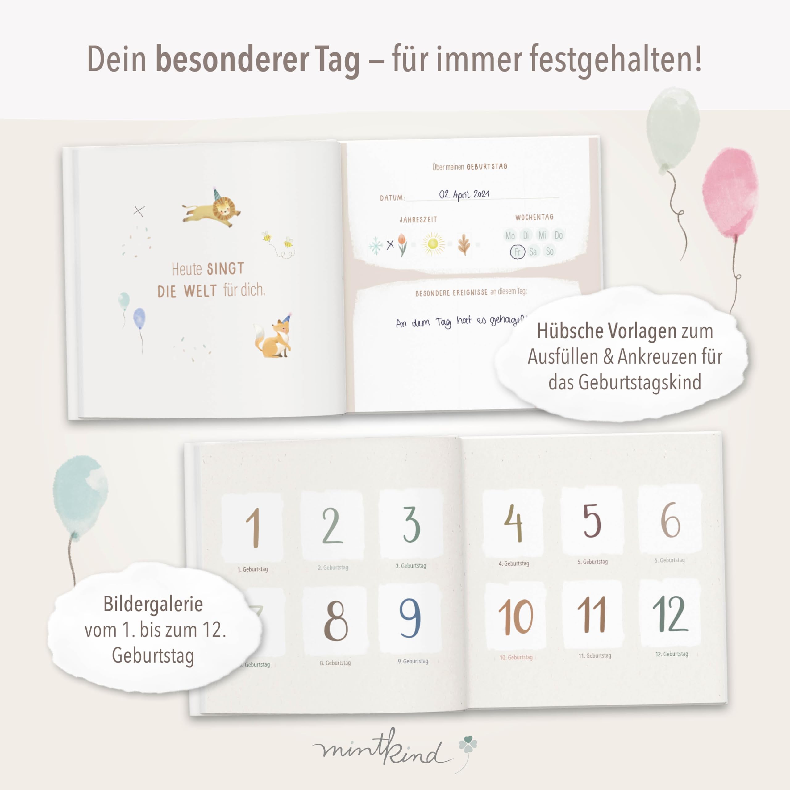 Mintkind Fotoalbum Kinder Rosa – Erinnerungsbuch Kindergeburtstag mit Ausfüllseiten – Erinnerungsalbum 1 bis 12 Jahre – Geschenk zur Geburt für Jungen & Mädchen