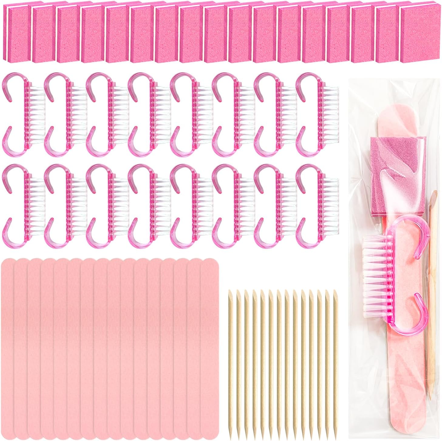 Disposable Manicure kit Press On Nail Tool Kit for Salon Home, Mini Nail Buffer, Nail File, Wood Stick, Nail Brush (Pink, 50 Set)