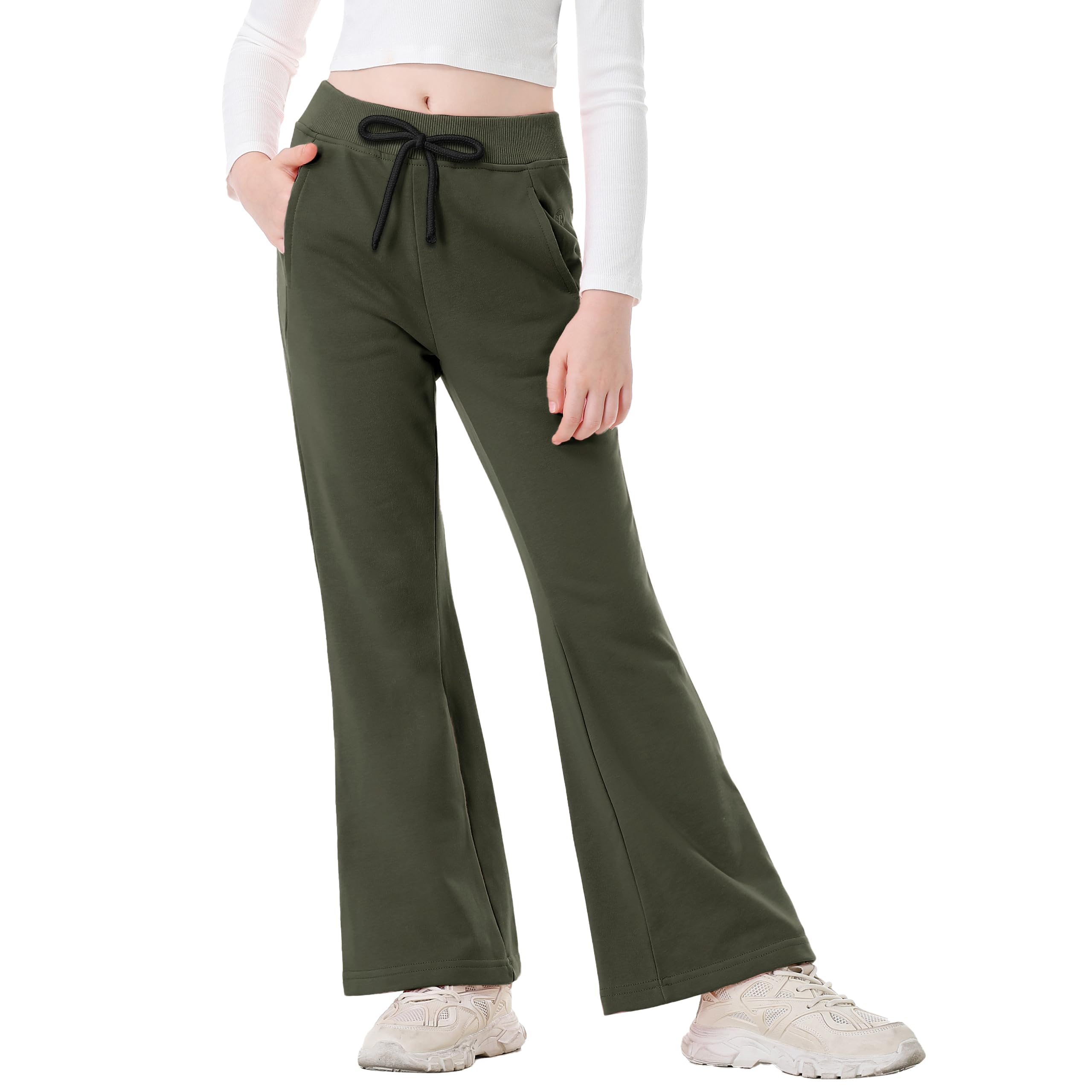Rolanko Pantaloni della tuta a zampa larga da ragazza con elastico in vita pantaloni a campana per bambini con tasche 5-12 anni