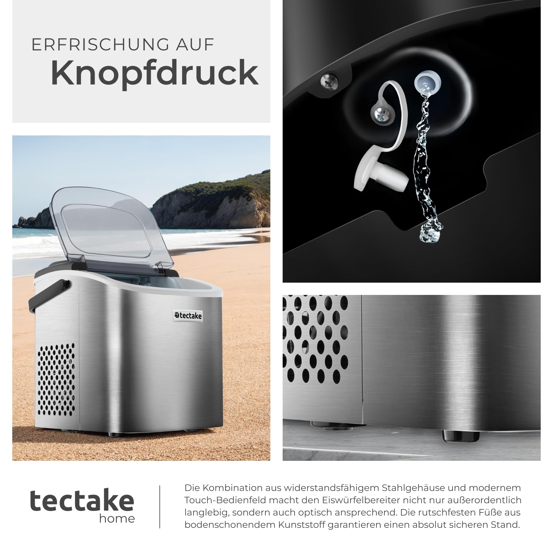 tectake® Eiswürfelmaschine, Ice Maker mit Griff, Eiswürfelbereiter, Maschine bereitet 9 Würfel in 6min, 12kg in 24h, 1,2 l Volumen, 2 Eiswürfelgrößen, selbstreinigend, mit Eisschaufel, Bar - silber