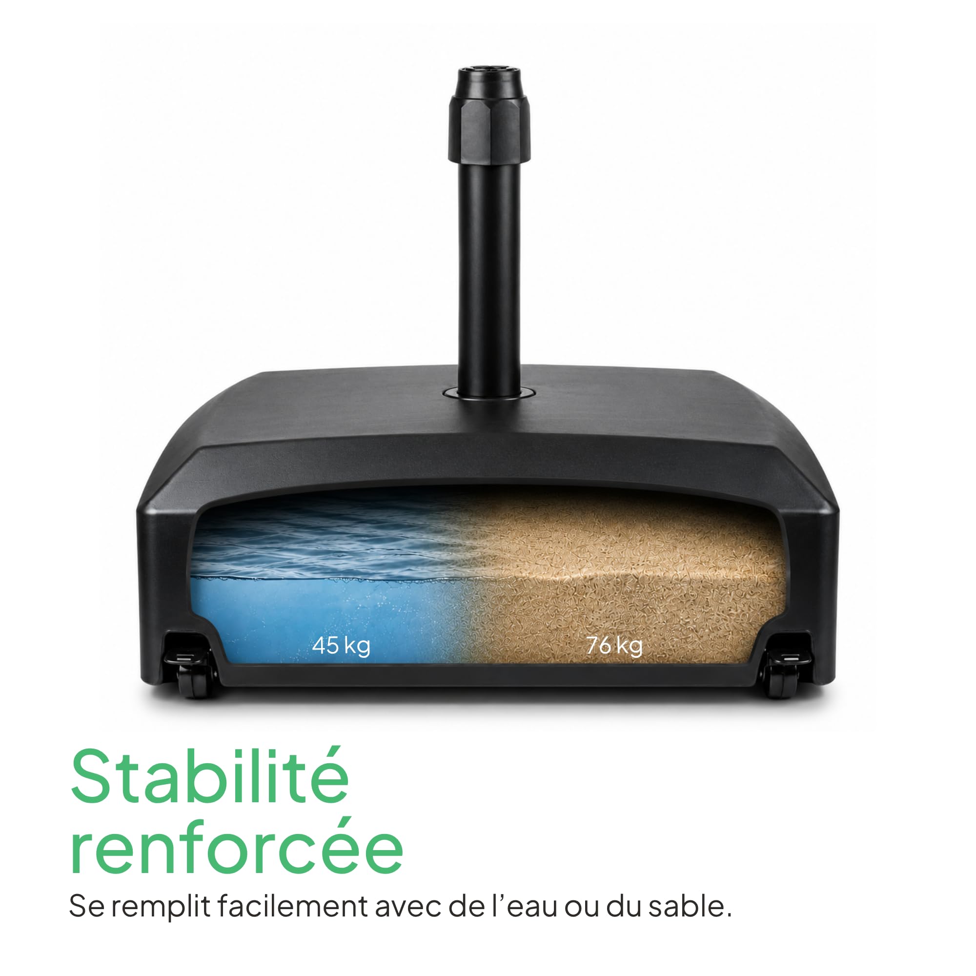 UNIGARDIA Pied de Parasol sur roulettes 76 kg - Lourd à Remplir Eau/Sable - pour Mâts de Ø 35–48 mm - Anti-Vent, Terrasse et Jardin 54,5x54,5x20 cm