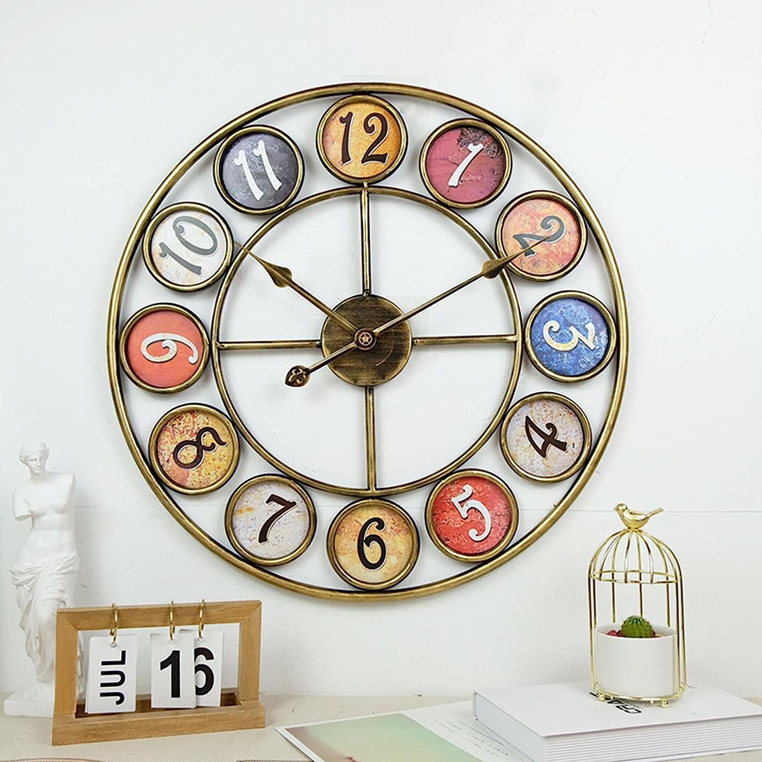 Outdoor Indoor Wanduhr, 24 Zoll / 60 cm große runde Gartenuhr, offene schmiedeeiserne wasserdichte Outdoor-Uhr Indoor Outdoor Dekoration