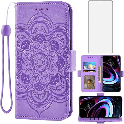 Asuwish Compatible con Motorola Moto Edge 2021MotoEdge 5G UW - Funda tipo cartera y protector de pantalla de vidrio templado, soporte para tarjeta