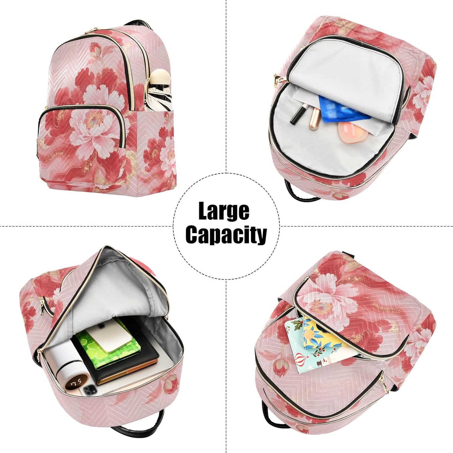 Quilted Backpack for Women Floral Peony Pastel Carry-On 14 Inch Laptop Backpack