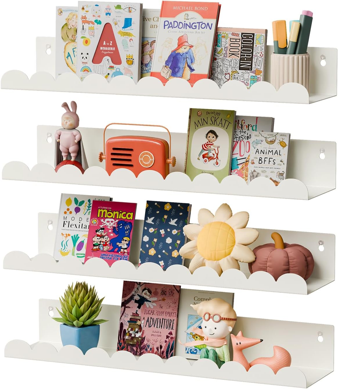 Nursery Book Shelves,Kids Wall Bookshelf Toy Storage,17 Inch Metal Floating Shelves Set of 4,Wall Shelves for Bedroom, Kids Room,Bathroom,Kitchen,Playroom Decor,Nursery Decor (White Metal, 17 inch)