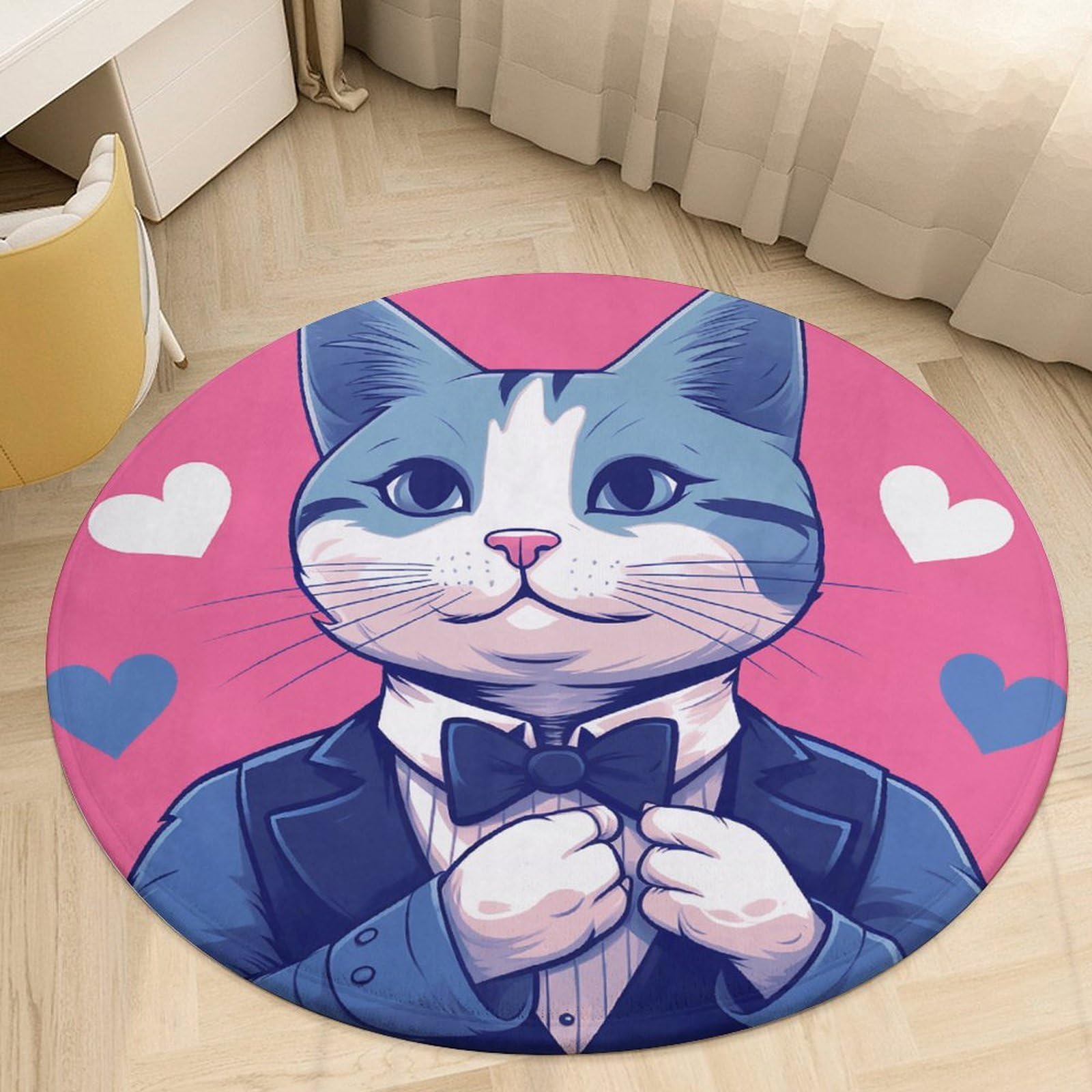 Tapis rond antidérapant 90 cm chat bleu lavable pour éviter les chutes en salle de bain