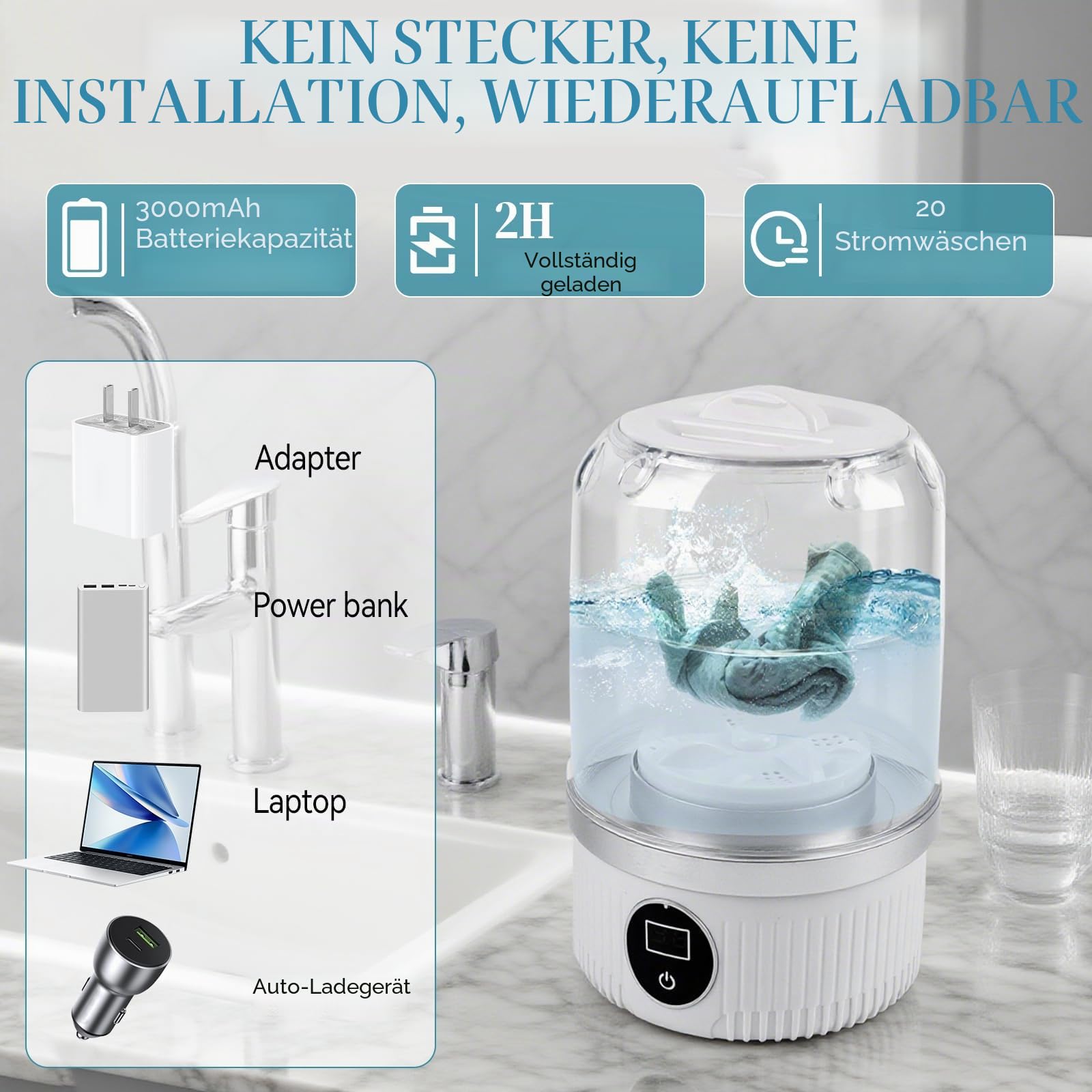 Tragbare Mini-Waschmaschine, Unterwäsche-Waschmaschine, wiederaufladbar, schnurlos, kompakt, 2 Modi, geeignet für BHs, Unterwäsche, Socken für Wohnung, Wohnheim, Hotel, Reisen (weiß)