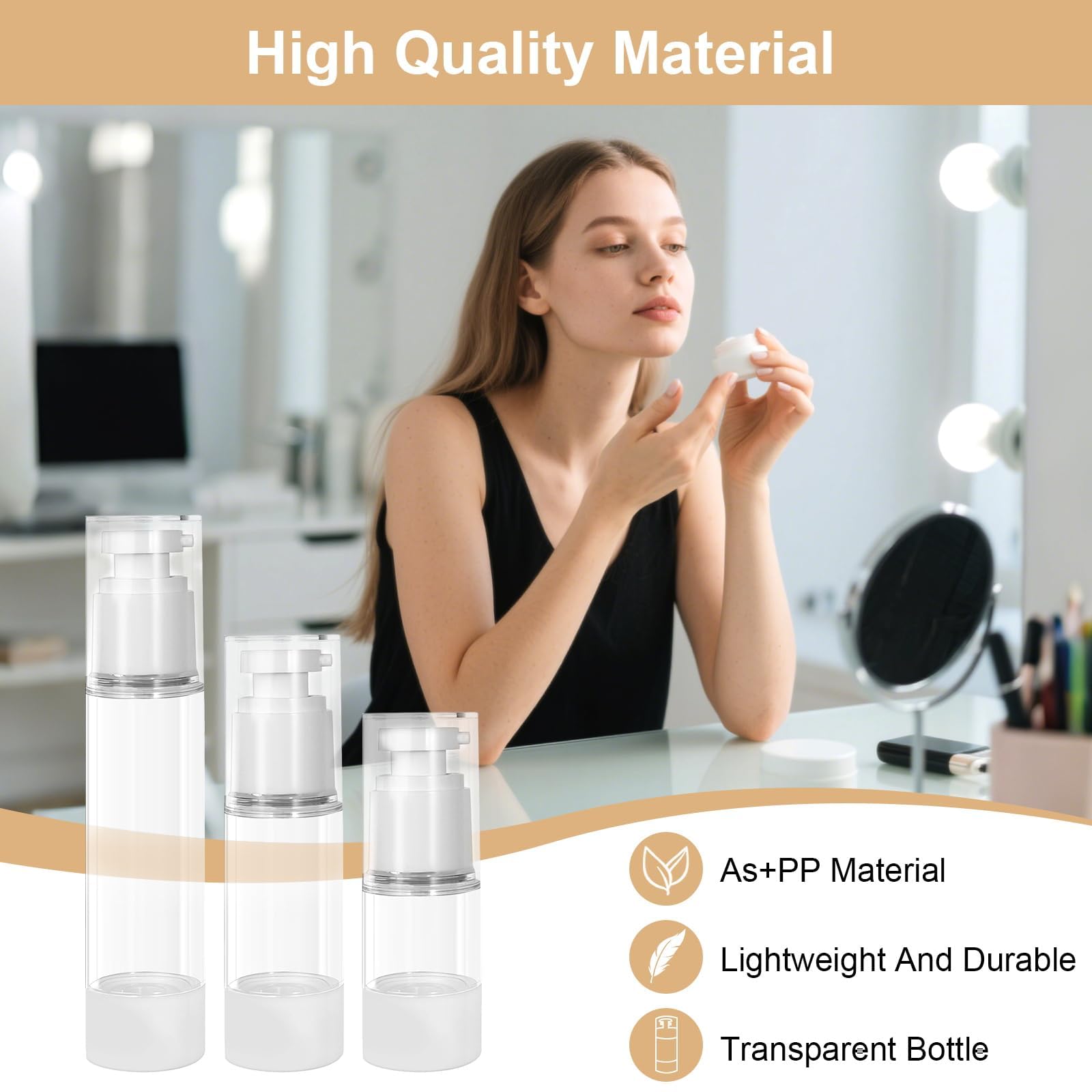Airless dozownik z pompką, 6 sztuk, 15 ml/30 ml/50 ml, pusta, próżniowe butelki podróżne do napełniania z naklejką, szpatułka, do podróży, balsamów, szamponów, kosmetyków
