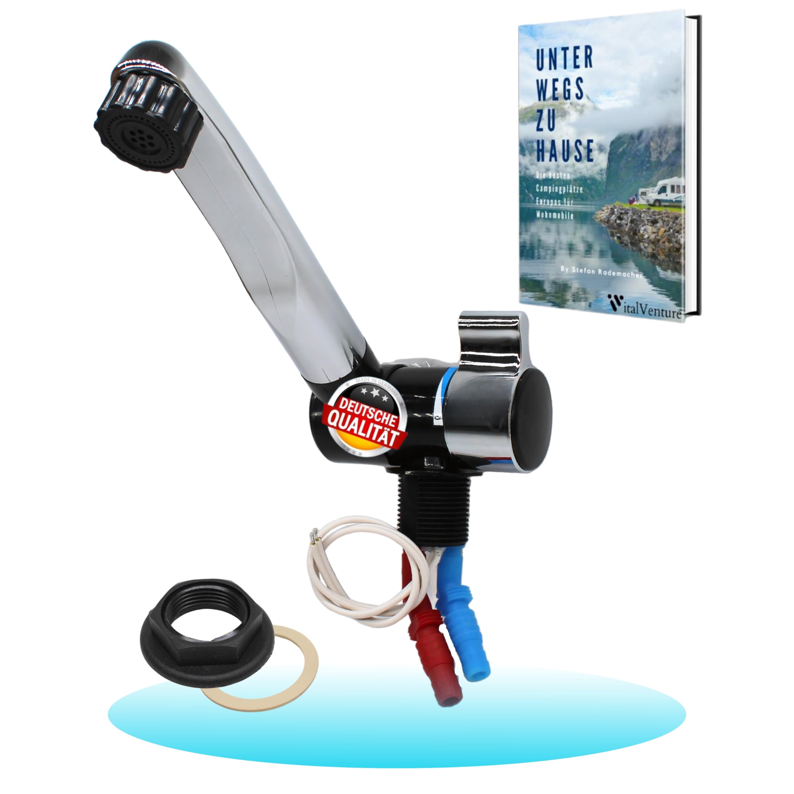 Comet Wasserhahn 12v London für Wohnmobil - Mit 2 Anschlüssen(warm und kalt), Schwarz/Chrom, Kompakter Camping Wasserhahn Mit Pumpe geeignet, Ideal Für Waschbecken Wohnmobil, wasserhahn wohnmobil