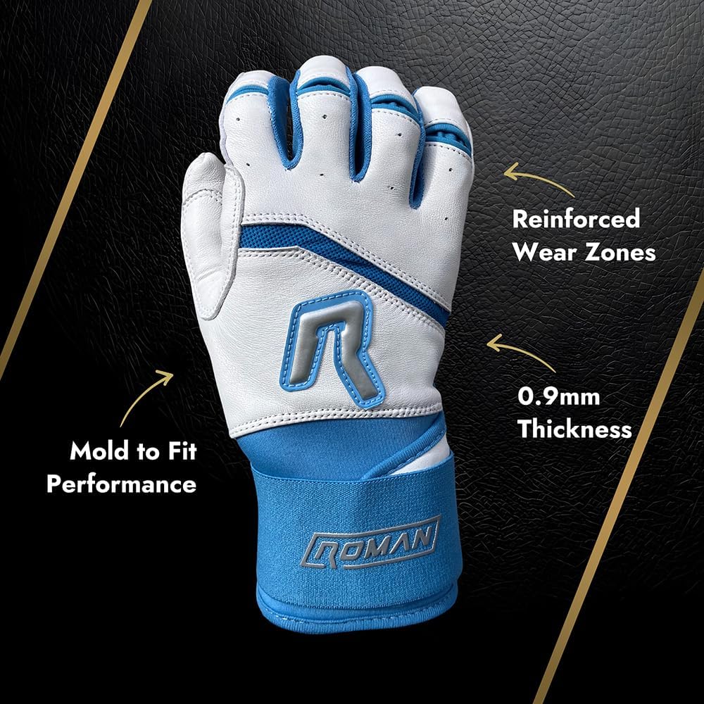 Professional Quality Batting Gloves: 0.9mm Thick, Breathable and Durable Premium Cabretta Leather Baseball Gloves with Mold-to-Fit Performance - Long Cuff Baseball Gloves