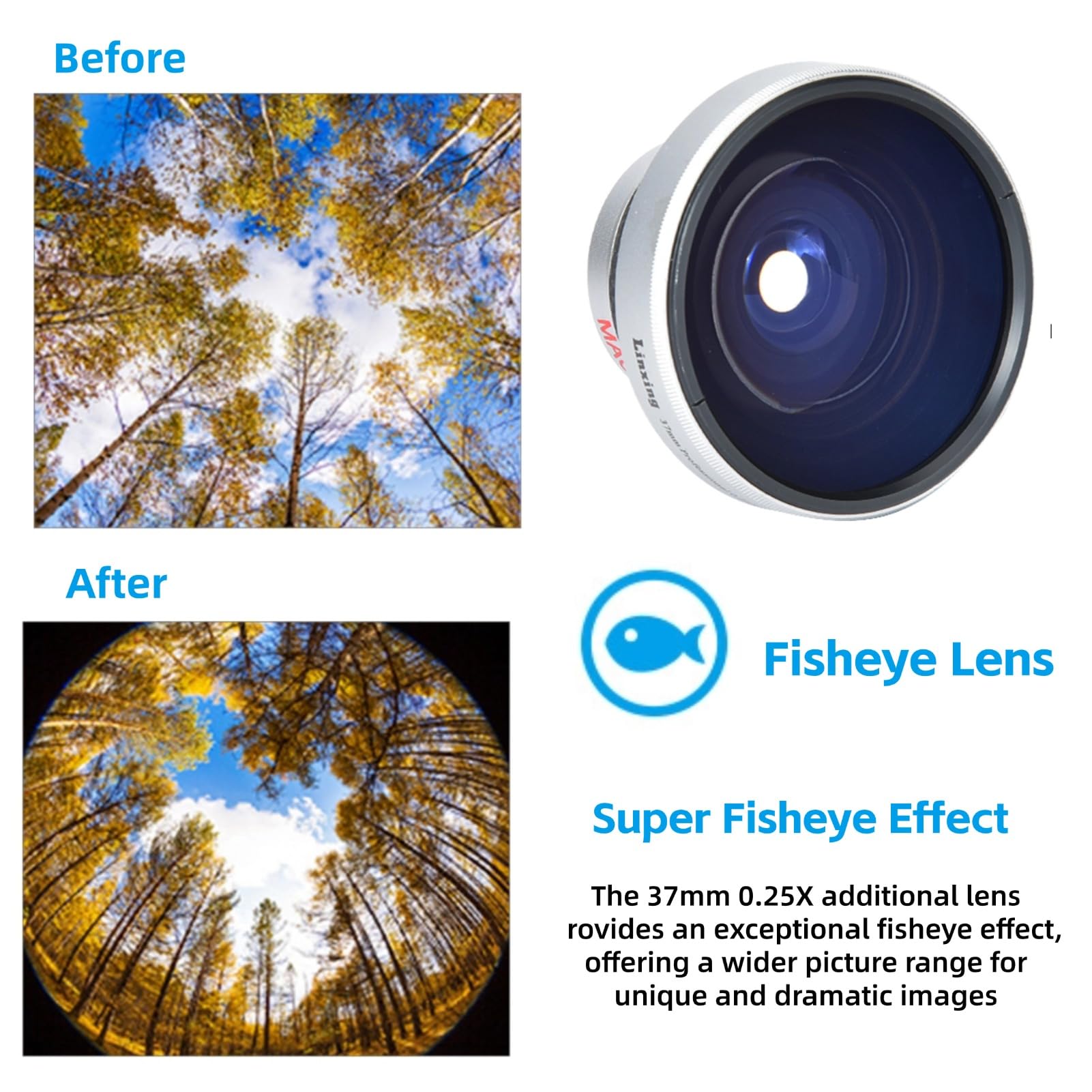 Obiettivo aggiuntivo da 37 mm 0,25 x super fisheye, per riprese ravvicinate macro, realizzato in lega di alluminio in vetro ottico, adatto per obiettivi di fotocamere calibro 37 mm