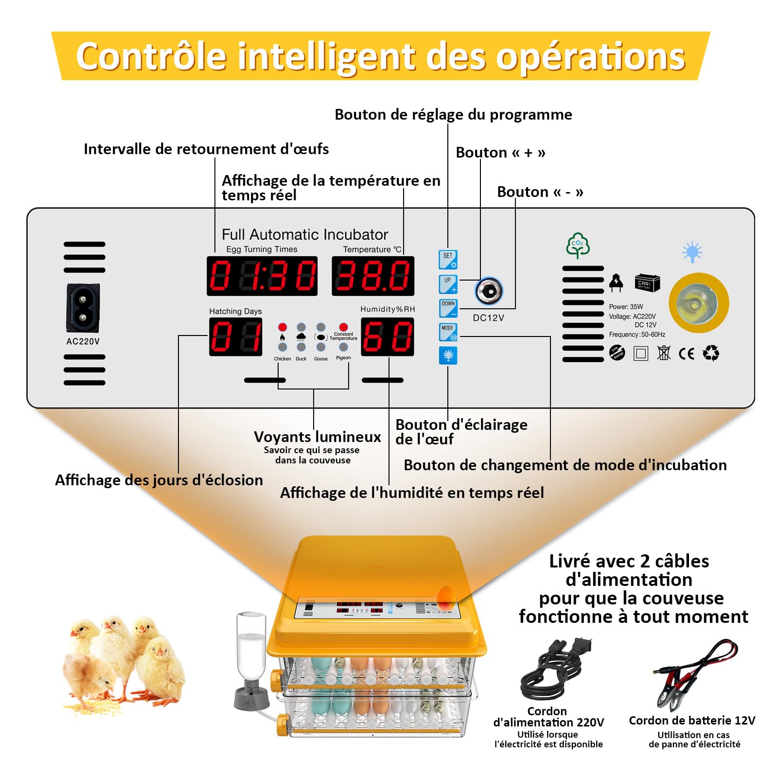 Couveuse Oeuf Automatique de 120 Oeufs avec Retournement des Oeufs et Moniteur d'humidité, Contrôle de Température, Incubateur avec 5 Modes d'incubation Automatiques et jours d'incubation