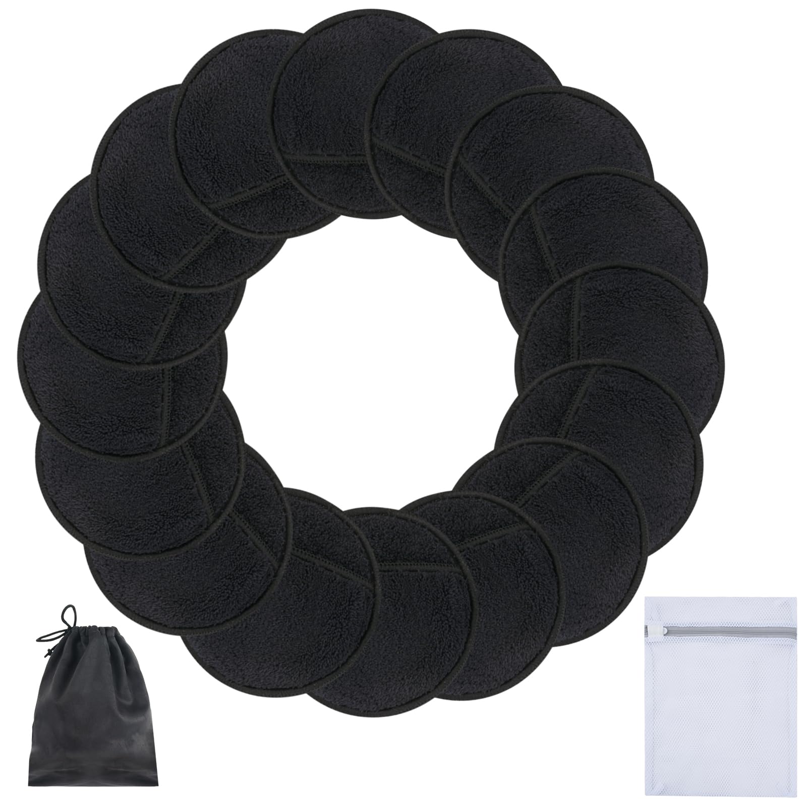 SUNLAND Reusable Makeup Remover Pads for Face,Eyes,Lips 16 Pack Microfiber Face Cleansing Gloves Washable with Laundry Bag and Travel Bag Rounds Toner